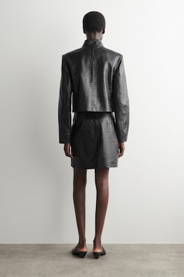 CROC-EFFECT LEATHER MINI WRAP SKIRT — BLACK 4
