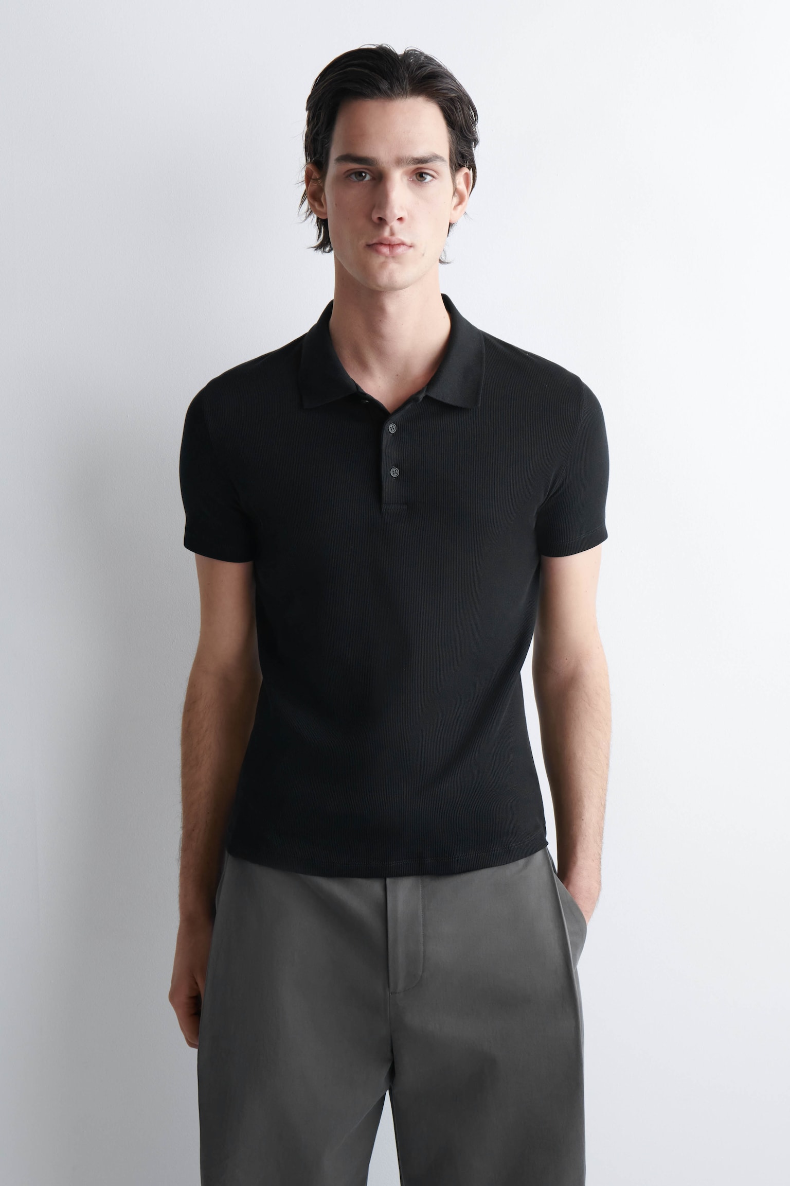 SLIM RIBBED COTTON POLO SHIRT - SCHWARZ/WEISS - 1