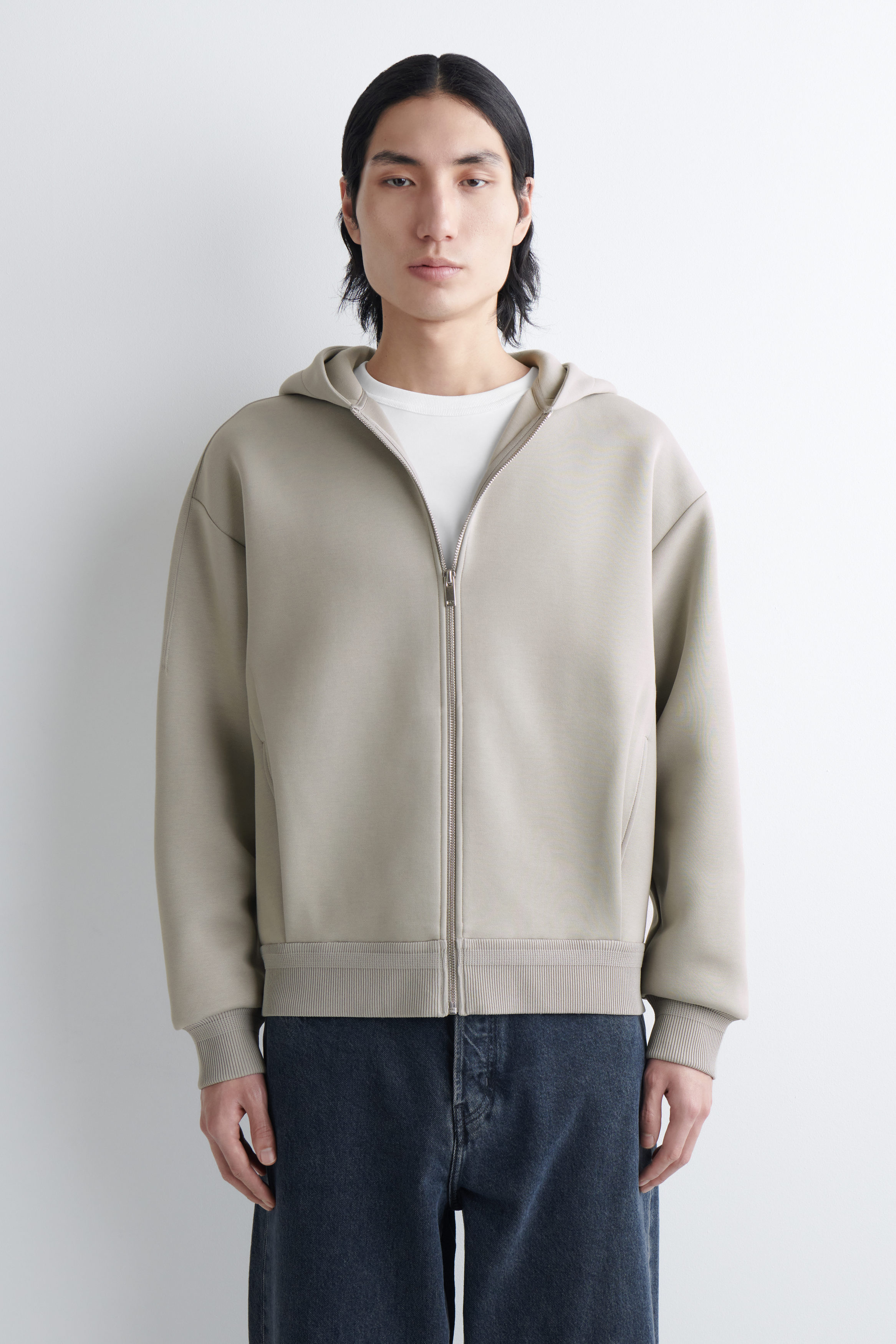 COTTON-PIQUÉ ZIP-UP HOODIE - BEIGE | COS US
