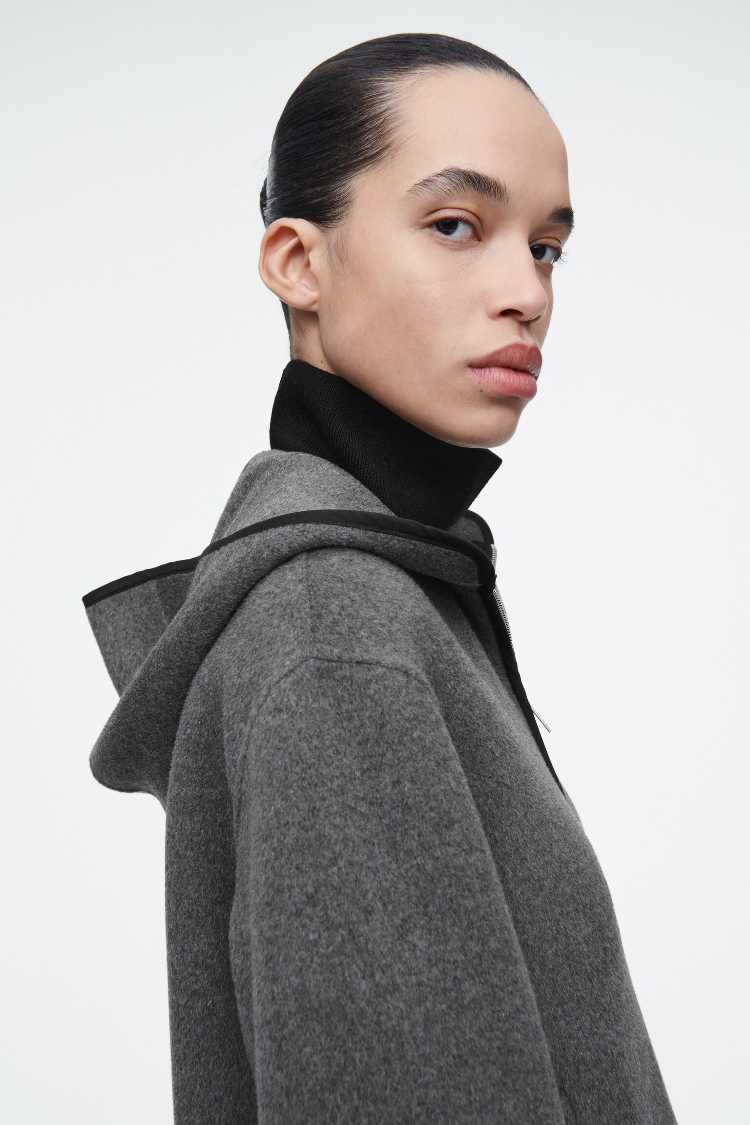 CHAQUETA DE LANA CON CAPUCHA DE DOBLE FAZ - GRIS/BEIGE CLARO - 5