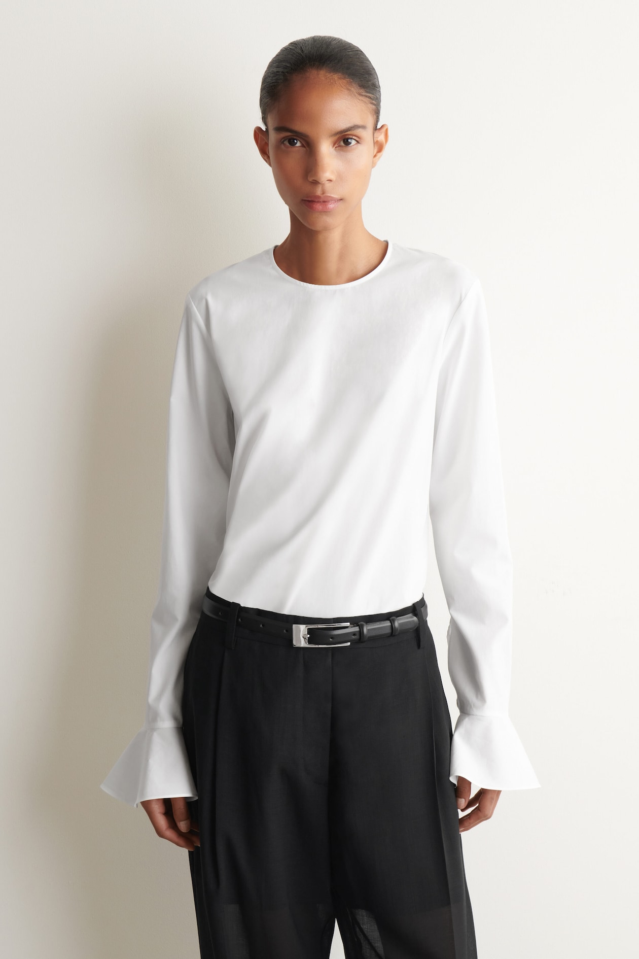 FLARED-CUFF COTTON BLOUSE — WHITE