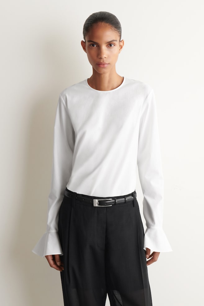 FLARED-CUFF COTTON BLOUSE — WHITE
