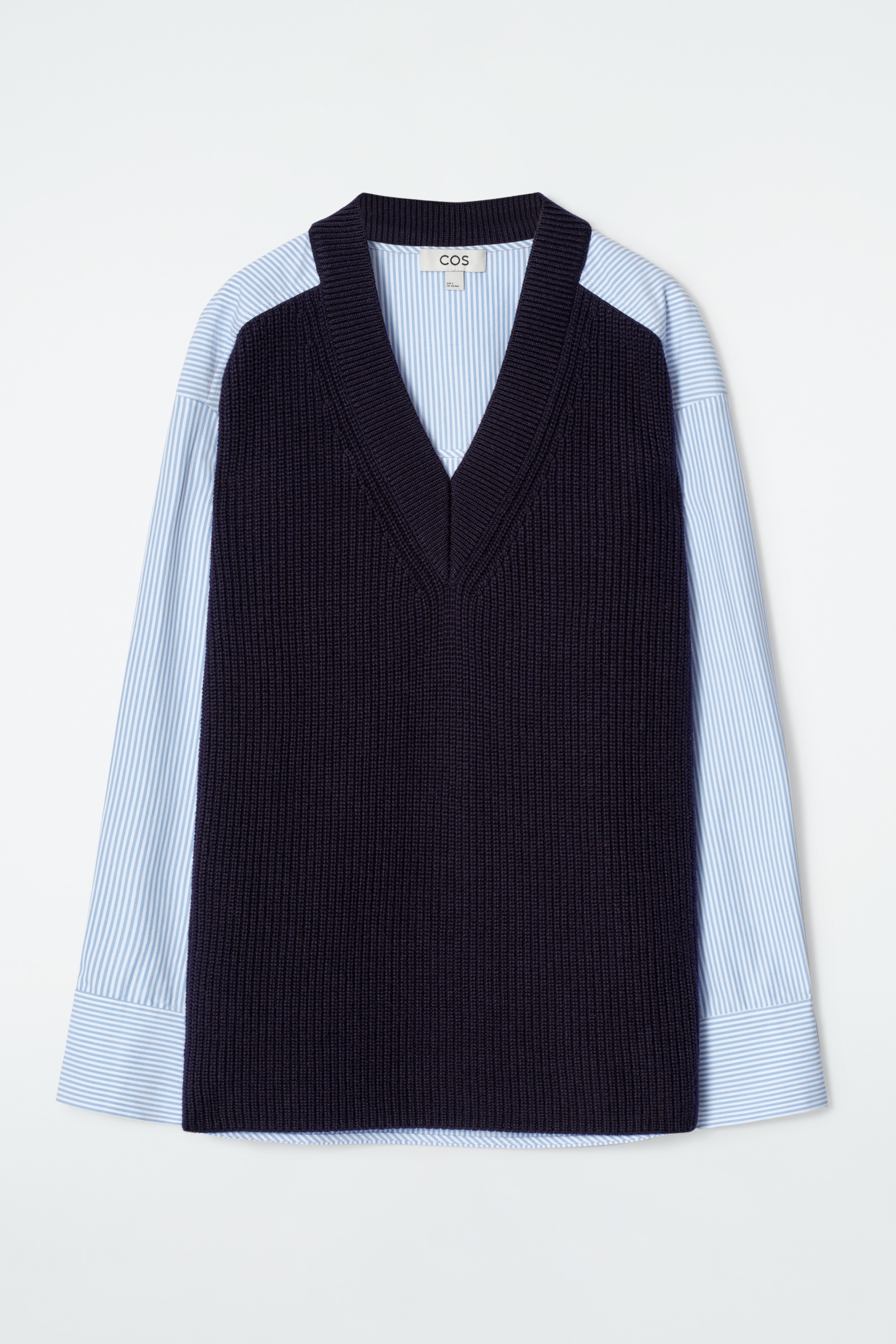 DECONSTRUCTED POPLIN-PANELLED WOOL JUMPER - NAVY / STRIPED