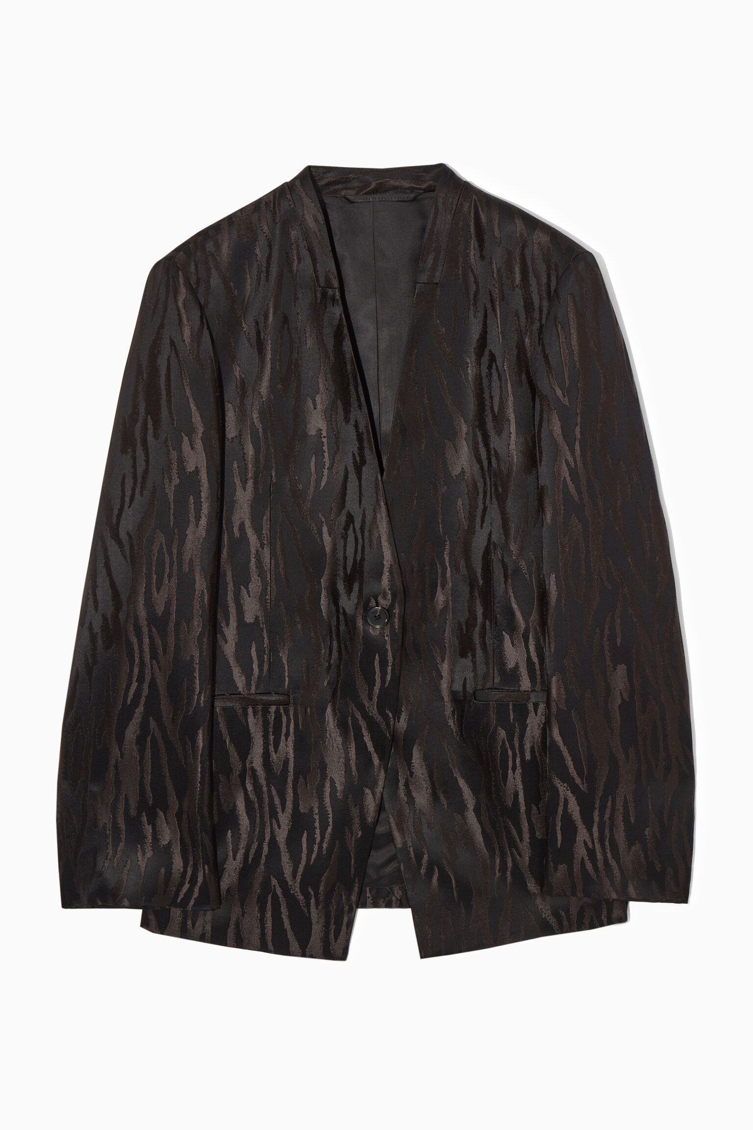 RELAXED COLLARLESS ZEBRA-JACQUARD BLAZER - DARK BROWN / BLACK