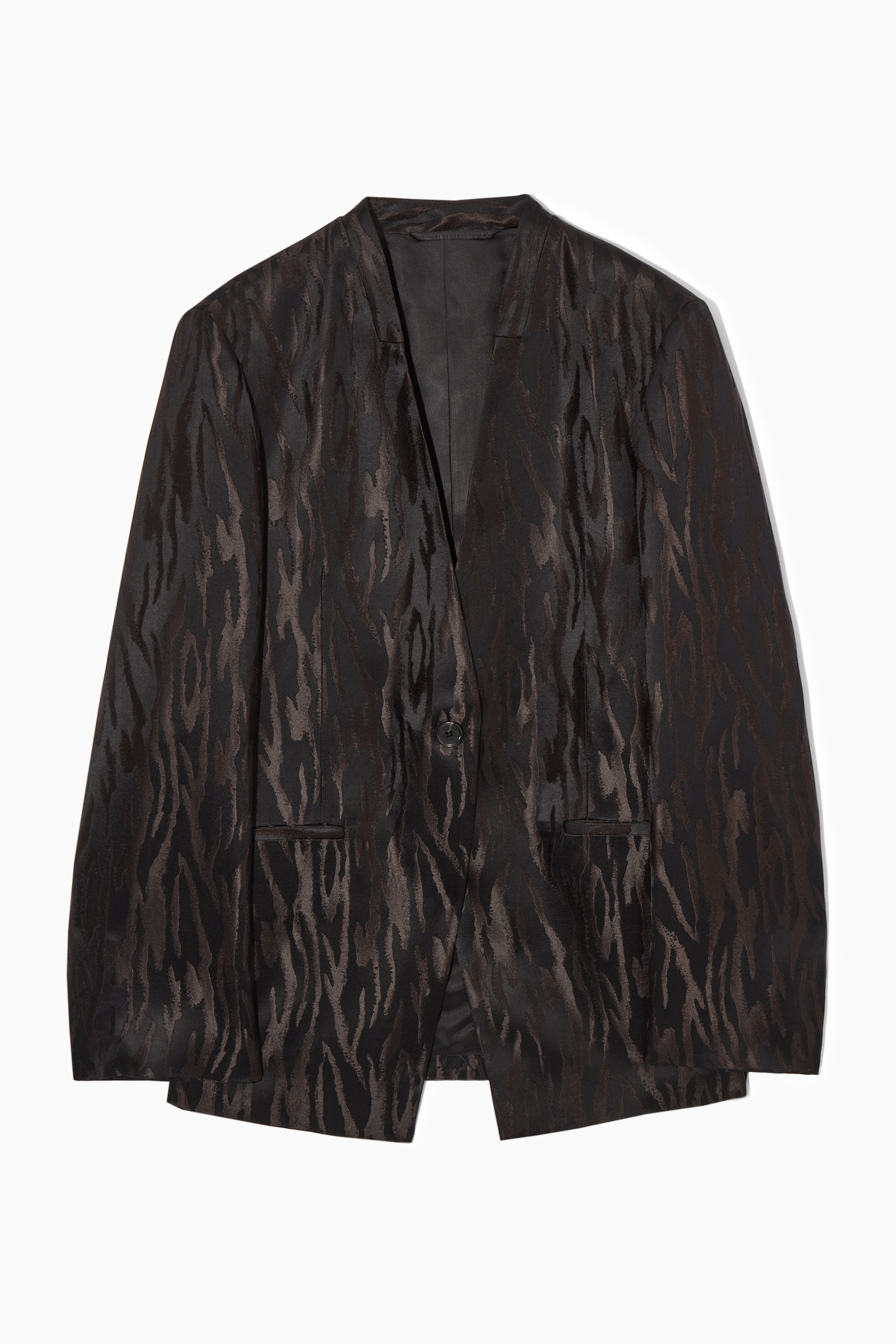 RELAXED COLLARLESS ZEBRA-JACQUARD BLAZER - DARK BROWN / BLACK