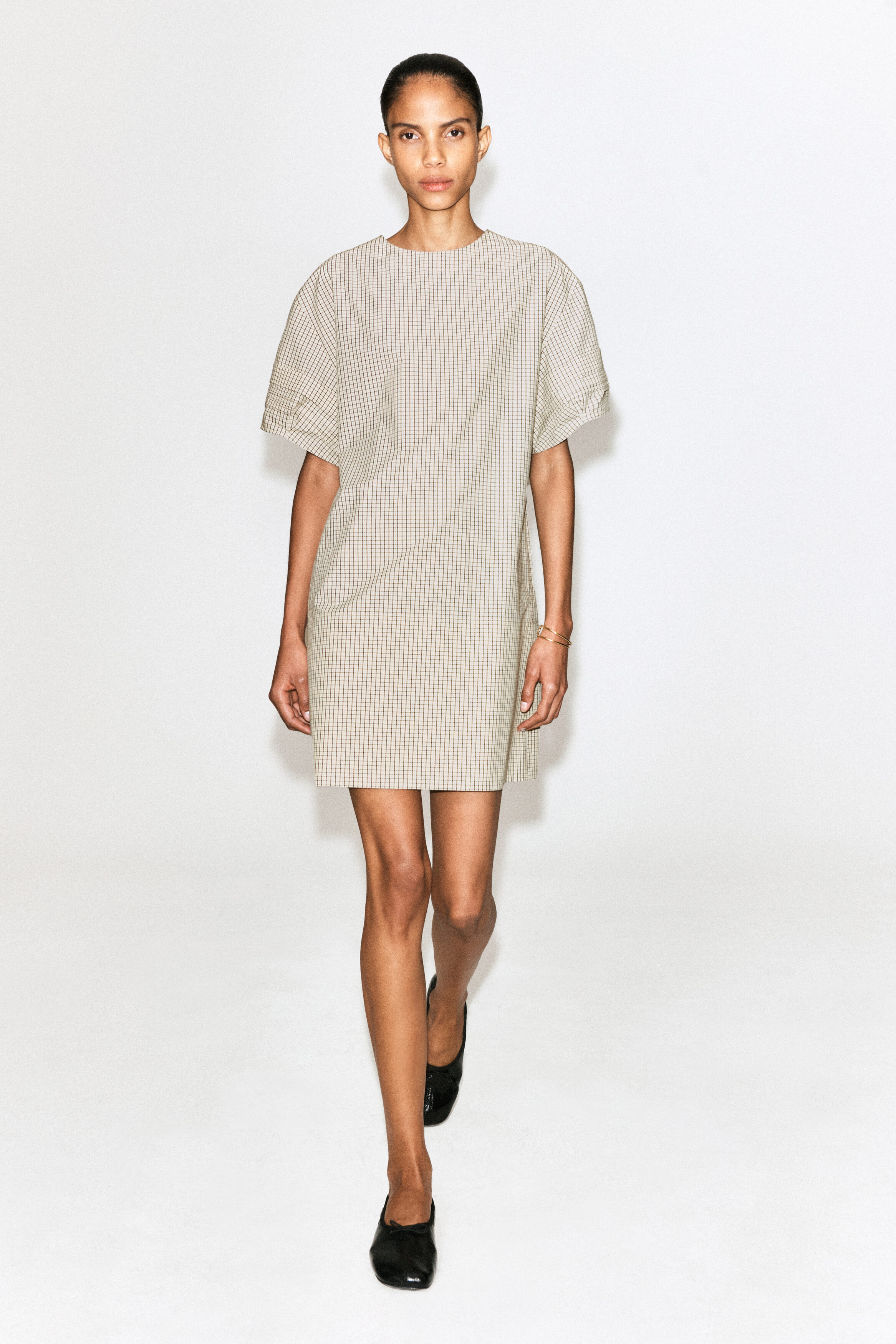 PINTUCKED COTTON MINI DRESS - BEIGE / CHECKED | COS US