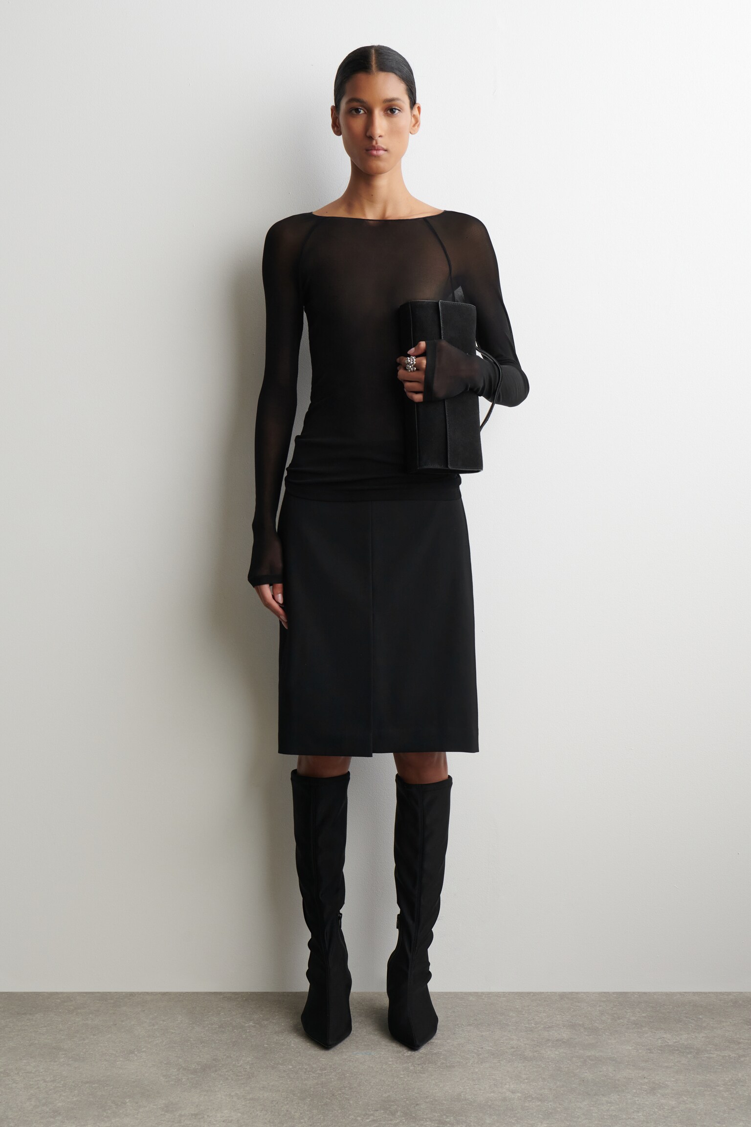 SILK LONG-SLEEVED TOP - BLACK/CREAM - 4