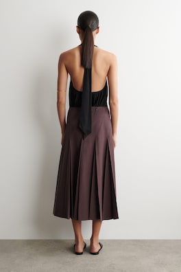 PLEATED COTTON-LINEN MIDI SKIRT — BURGUNDY 4
