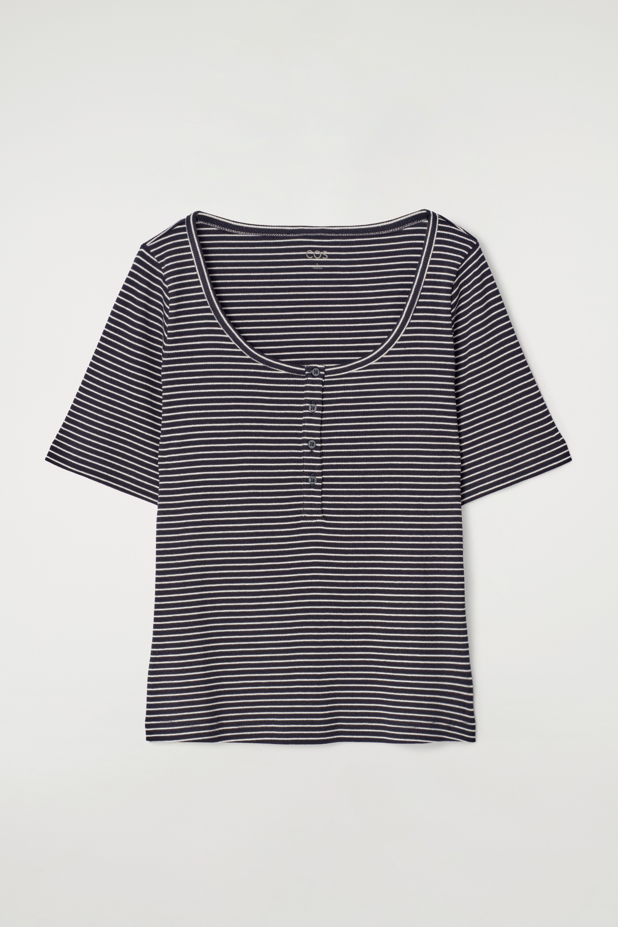 T-SHIRT HENLEY CÔTELÉ - BLEU MARINE / RAYURES/ROSE CLAIR