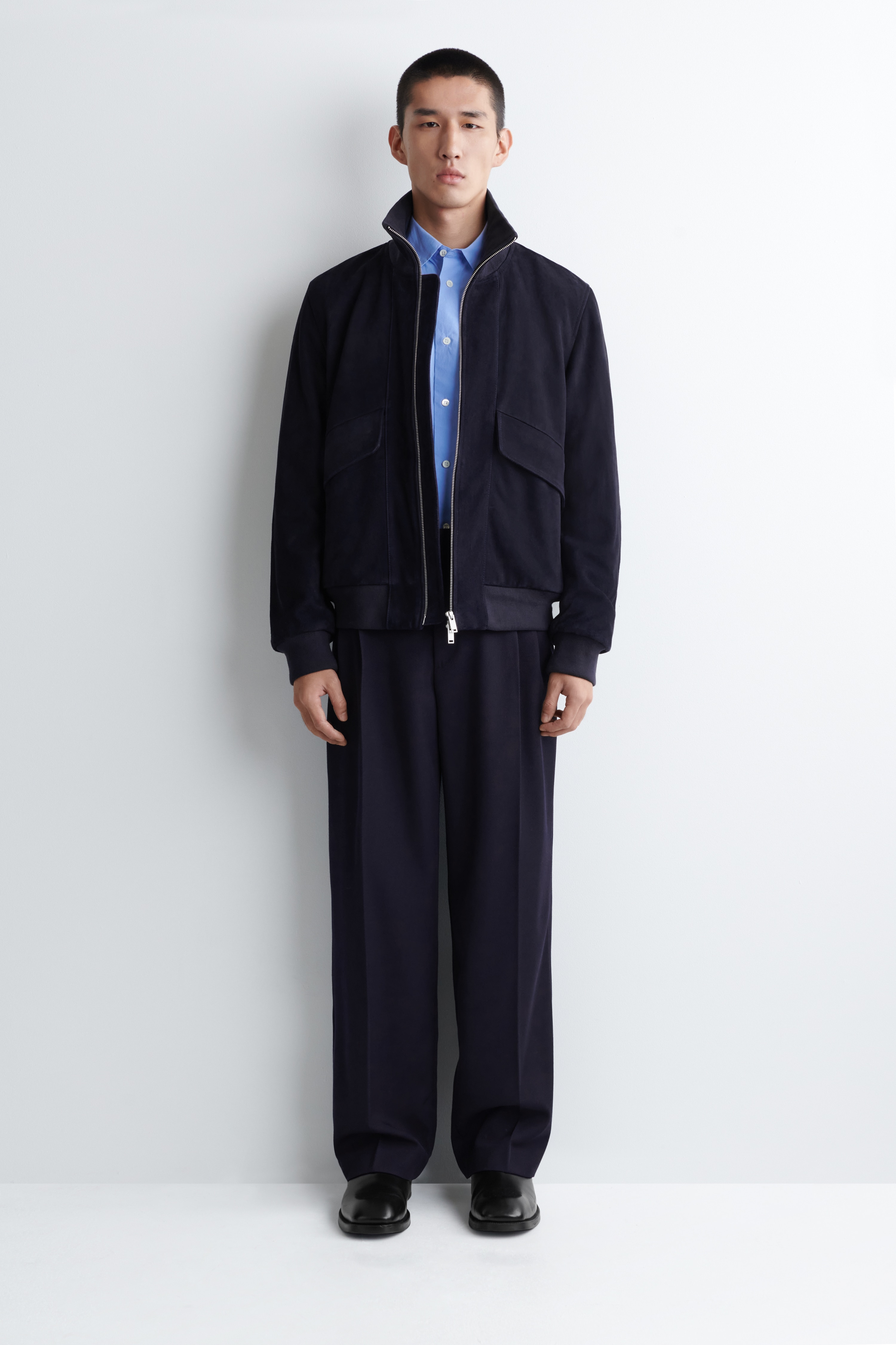 BOMBER IN PELLE SCAMOSCIATA - BLU NAVY