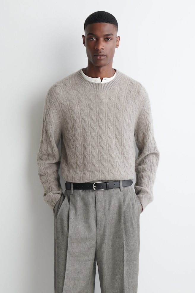 CABLE-KNIT PURE CASHMERE CREW-NECK SWEATER — BEIGE