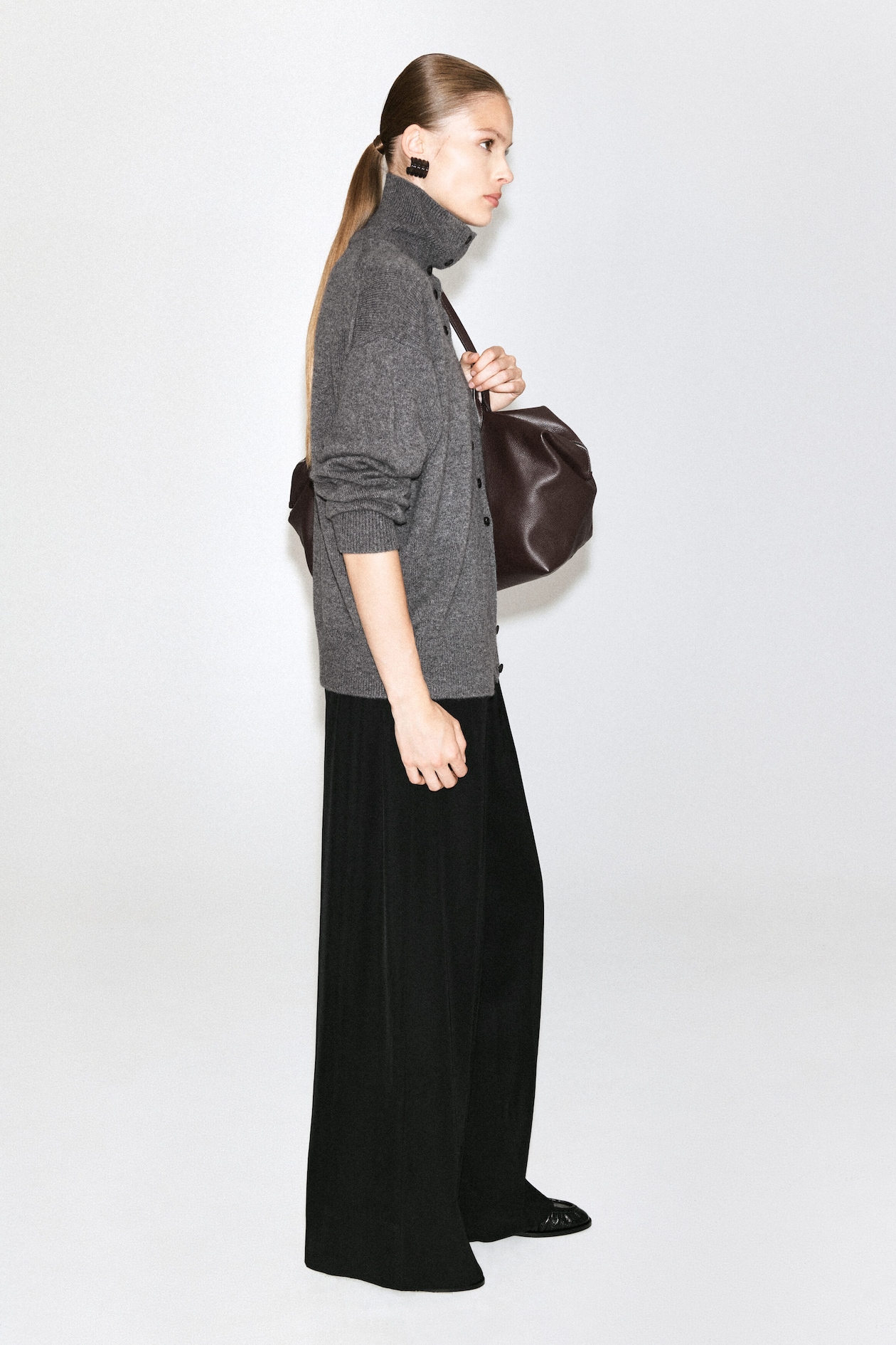 SCULPTED PURE CASHMERE MOCK-NECK CARDIGAN — GRAY MÉLANGE