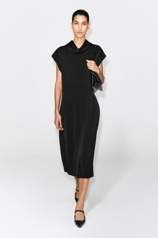 COWL-NECK CREPE MIDI DRESS — BLACK
