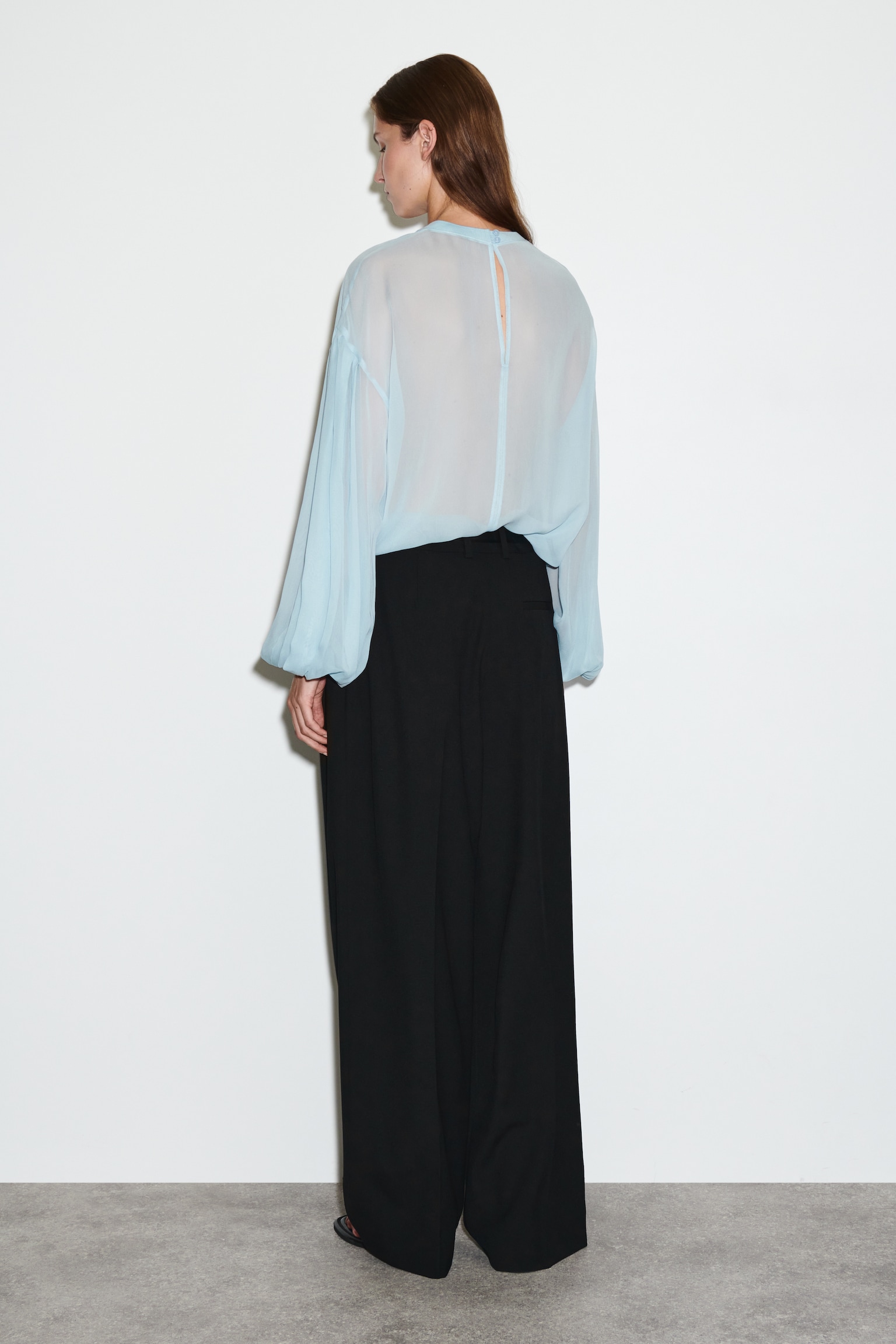 BLUSA TRASPARENTE CON MANICHE A PALLONCINO - CELESTE/ROSSO SCURO - 6
