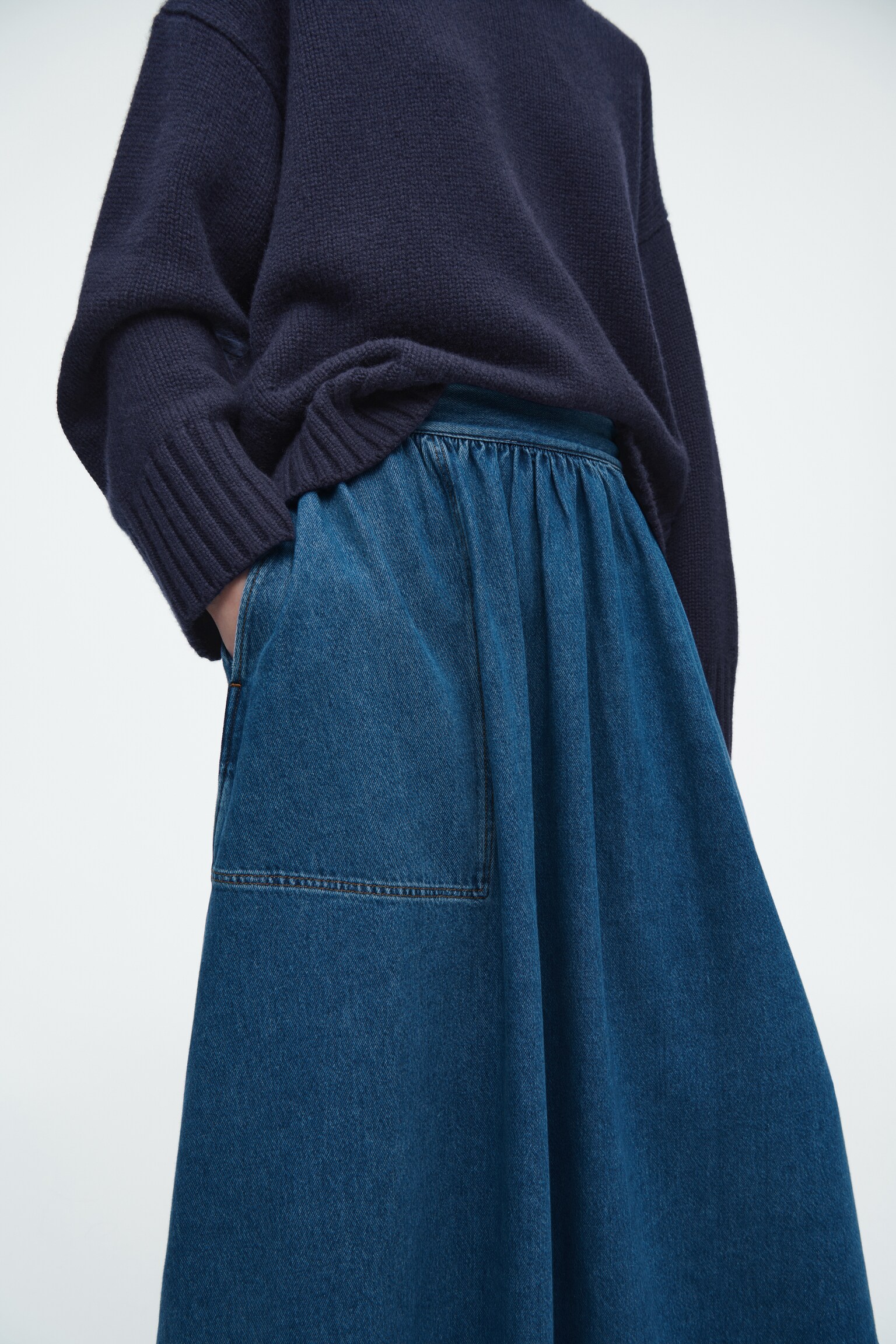 ELASTICATED DENIM MIDI SKIRT - BLUE - 5