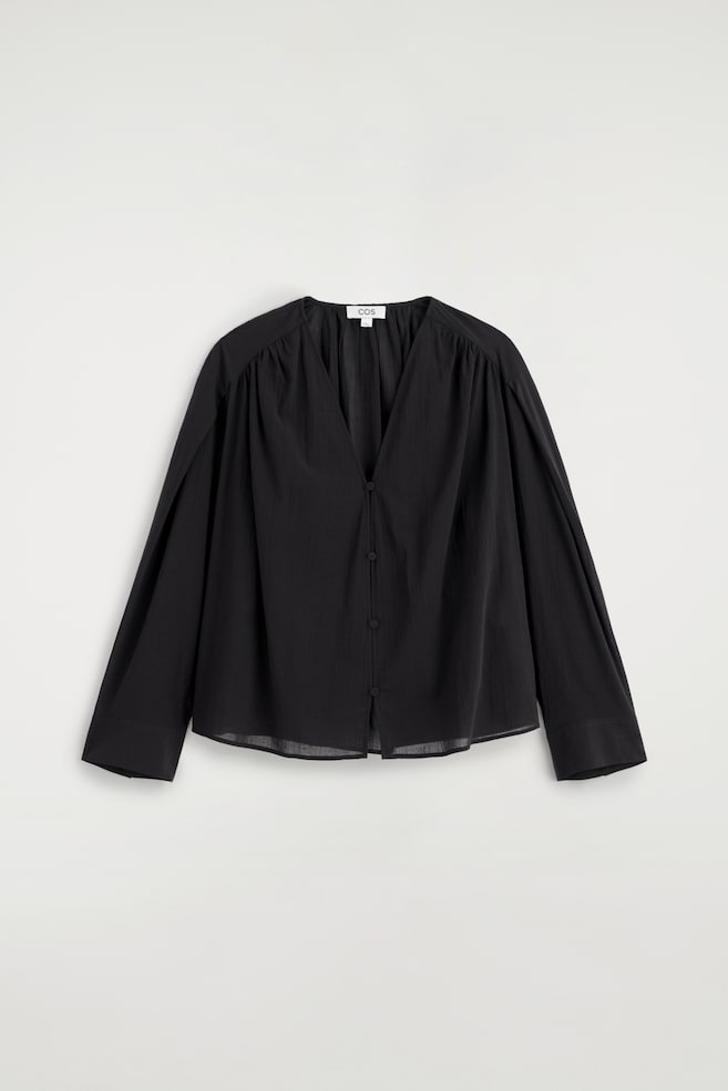 Blouse van licht katoen met V-hals en plooidetail - ZWART/WIT - 1