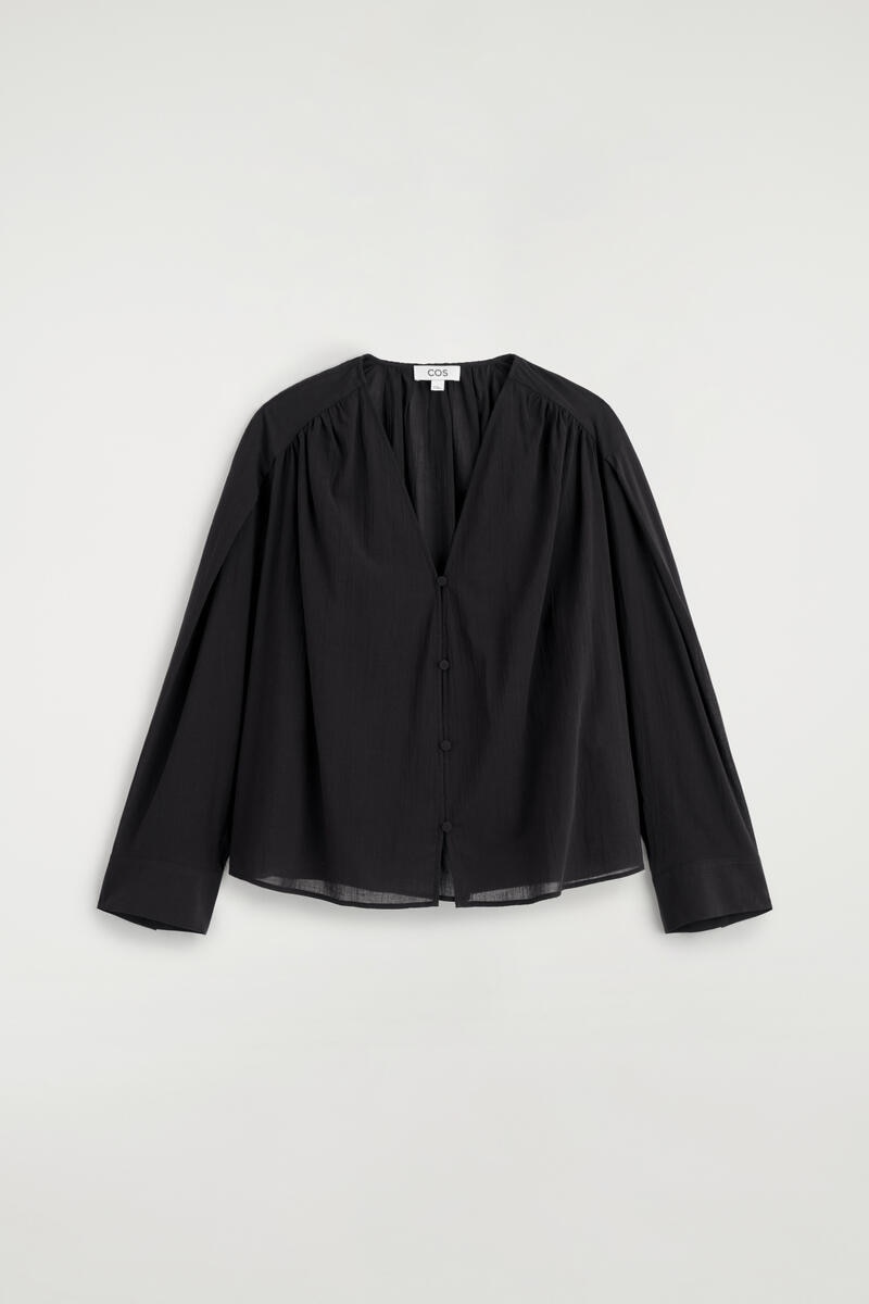 Gathered Lightweight Cotton V-Neck Shirt