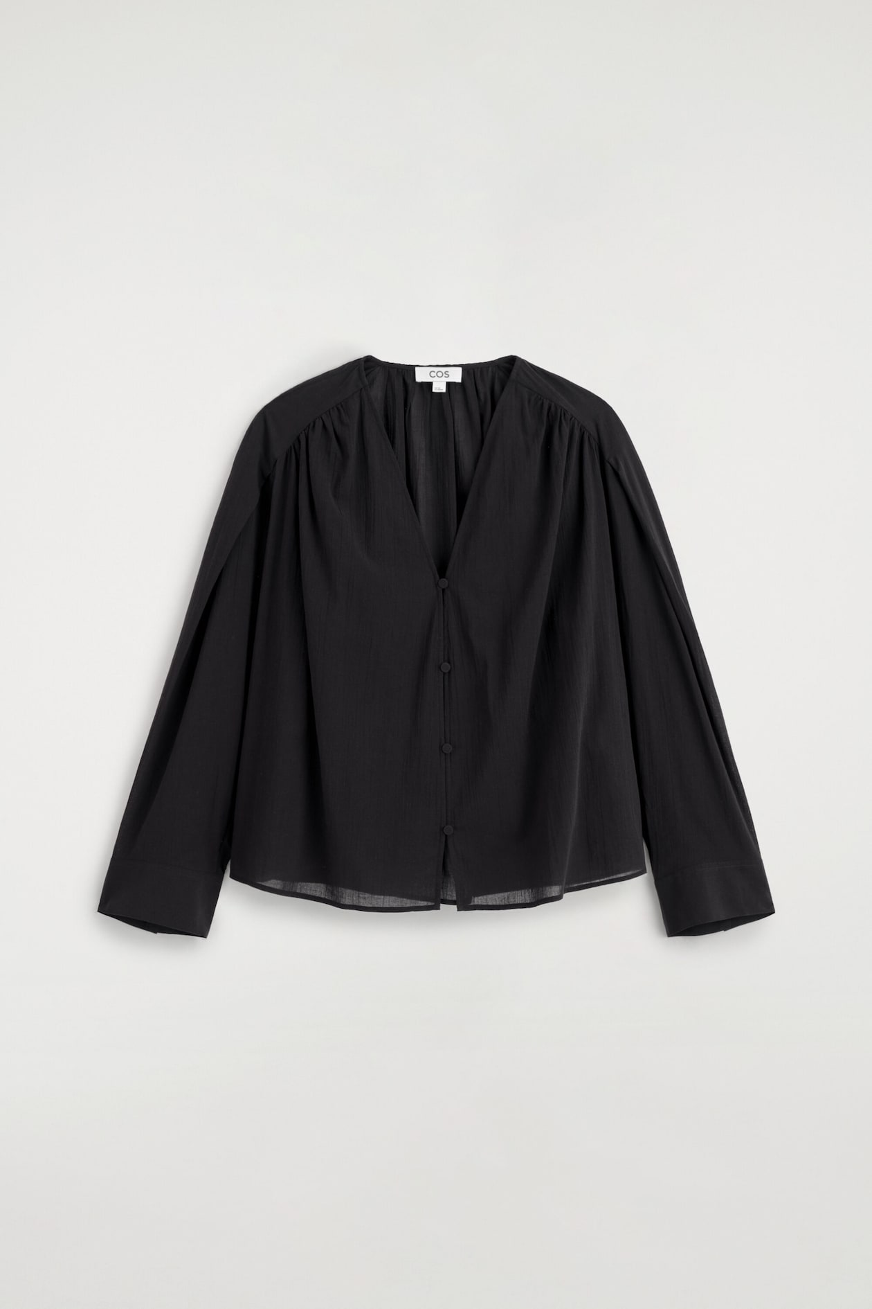 GATHERED LIGHTWEIGHT COTTON V-NECK SHIRT — BLACK