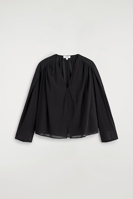 GATHERED LIGHTWEIGHT COTTON V-NECK SHIRT — BLACK 7