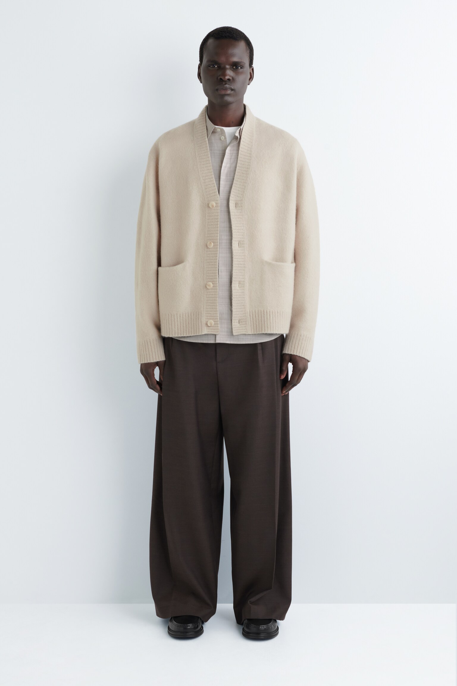 BRUSHED-WOOL V-NECK CARDIGAN - BEIGE/LIGHT BLUE - 5