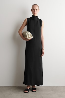 DRAPED TIE-DETAIL HIGH-NECK MAXI DRESS — BLACK 1
