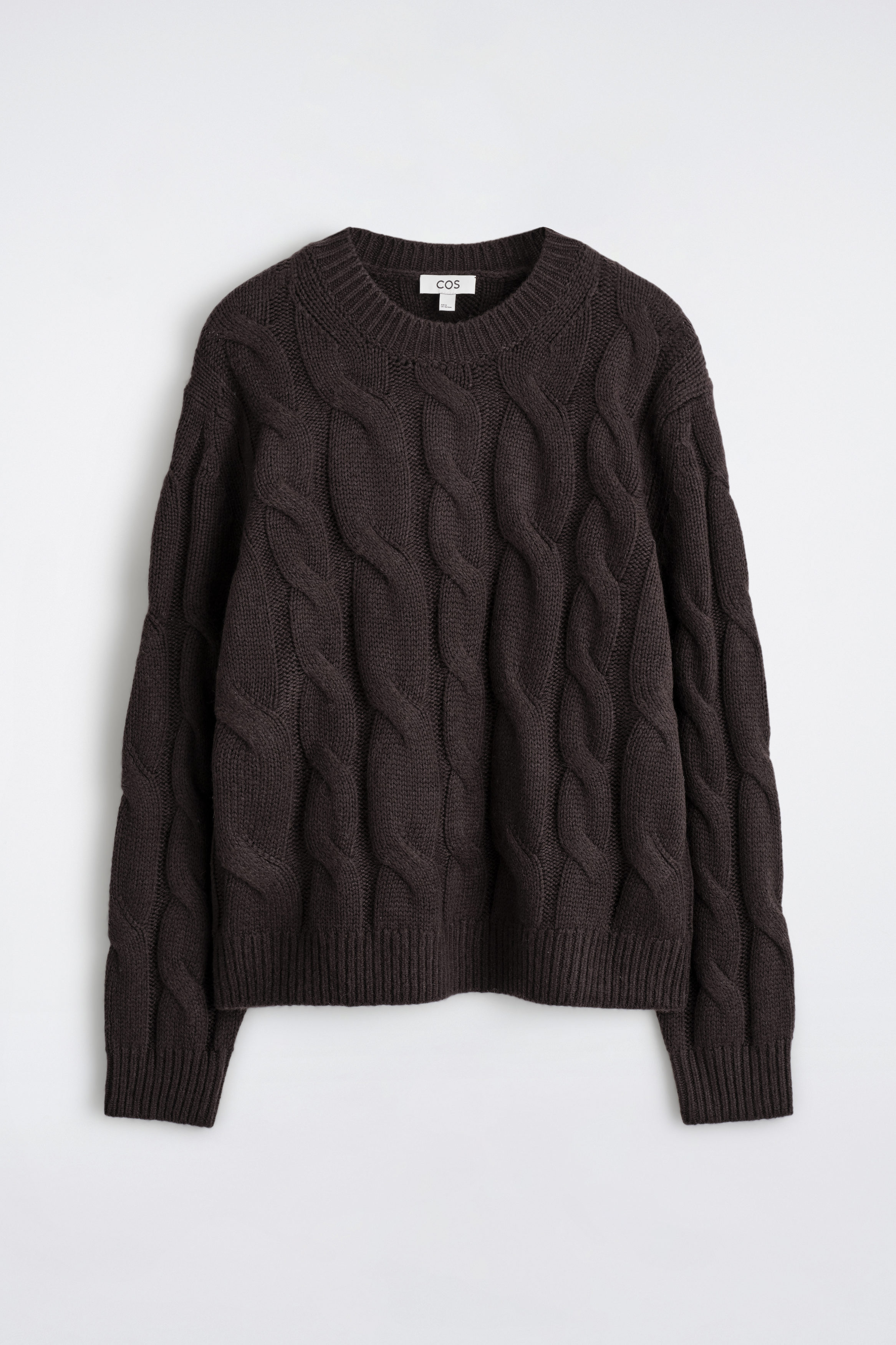 CABLE-KNIT WOOL CREW-NECK SWEATER - DARK BROWN | COS US