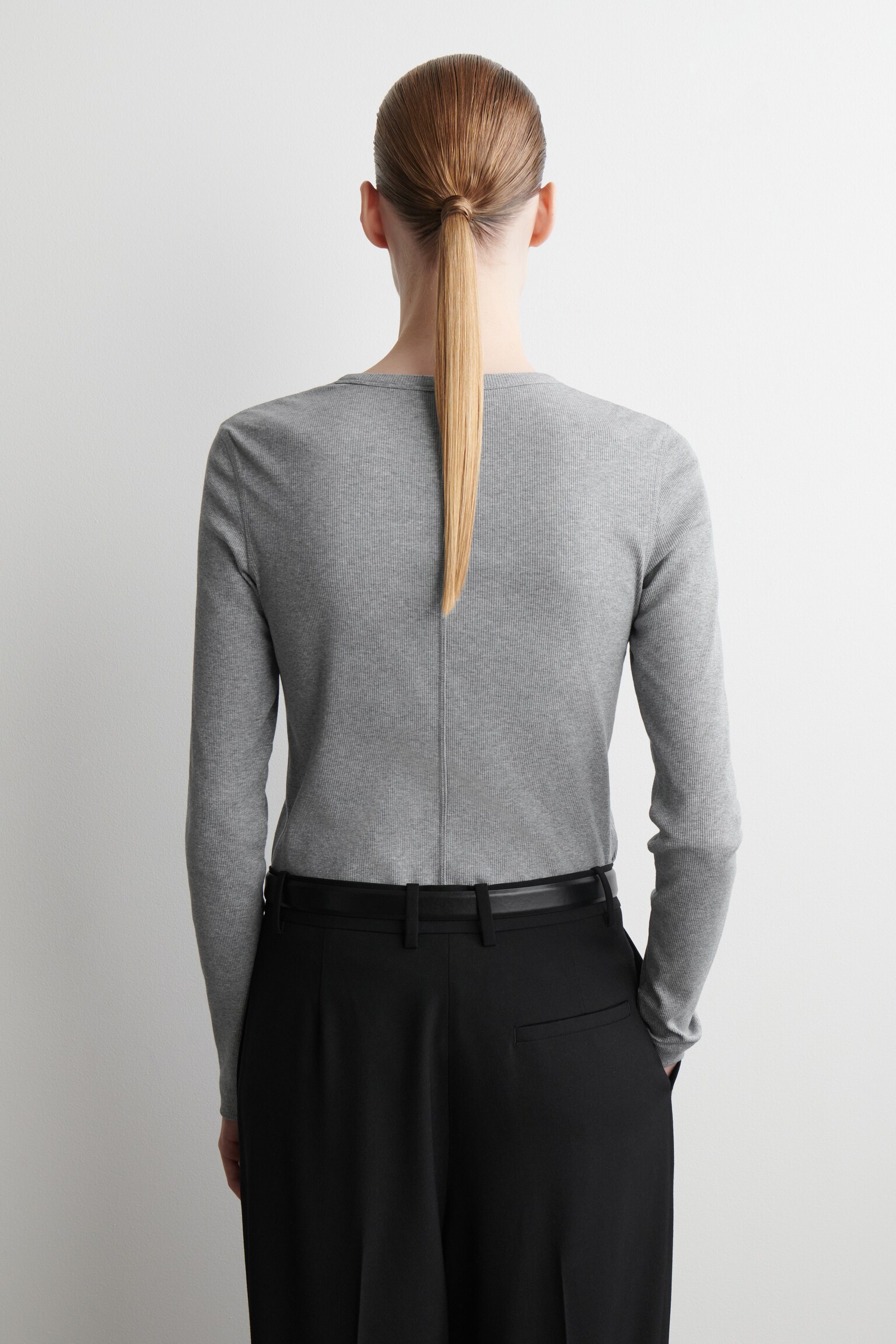 RIBBED JERSEY LONG-SLEEVED TOP - GREY MÉLANGE/WHITE/BLACK - 4
