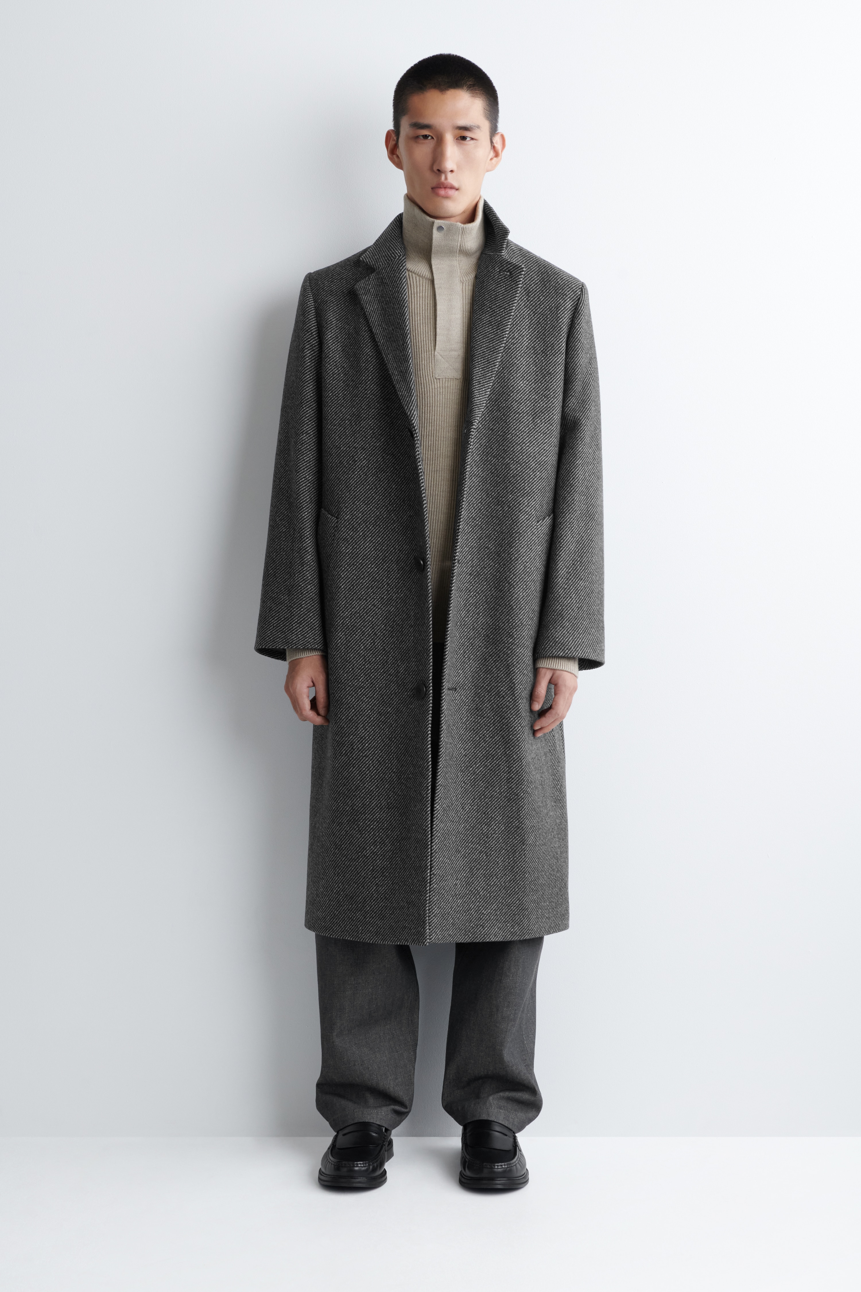 SINGLE-BREASTED TEXTURED-WOOL LONG COAT - GREY