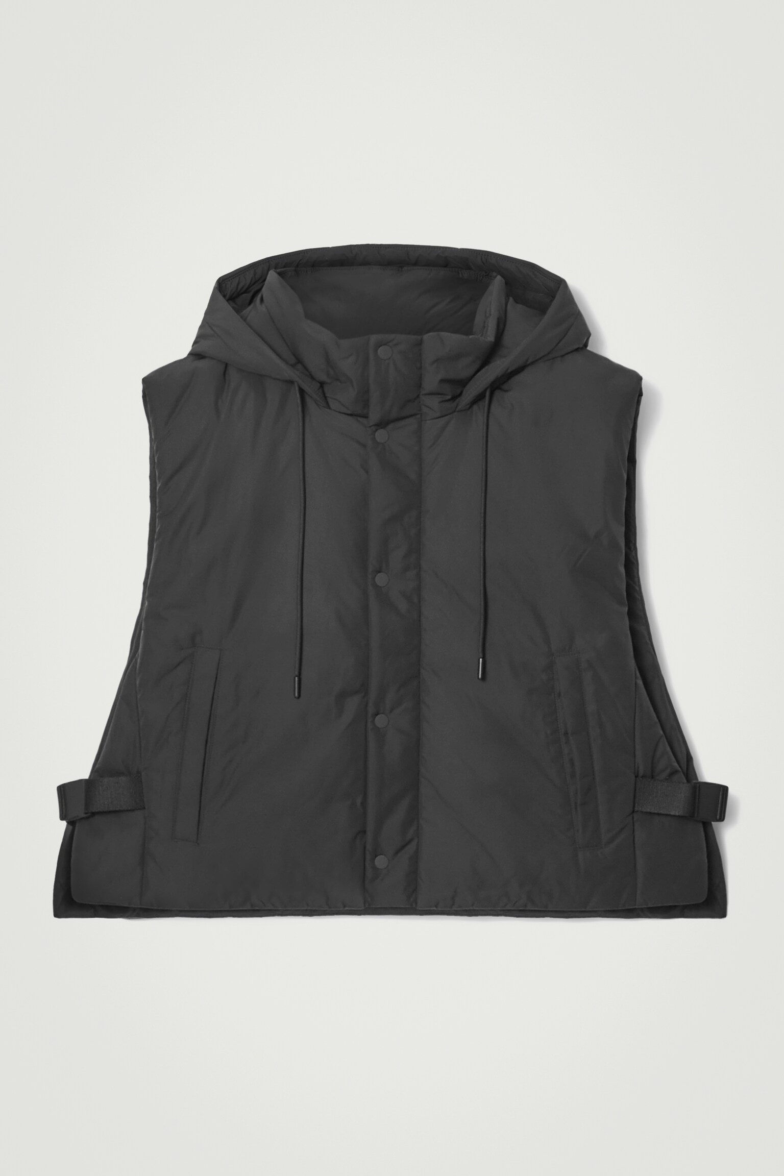 BUCKLED-SIDE PADDED HOODED GILET - BLACK