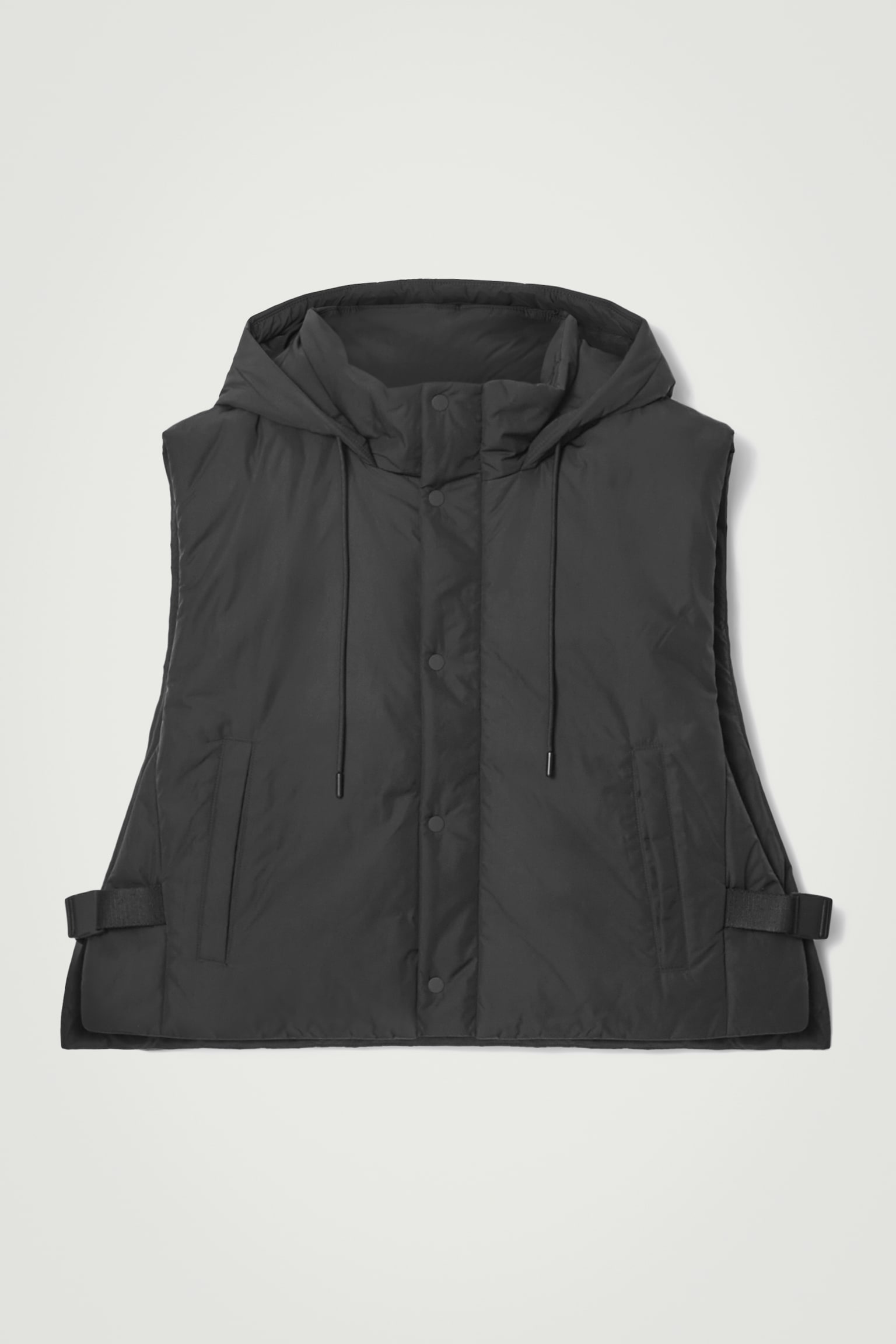BUCKLED-SIDE PADDED HOODED GILET - BLACK