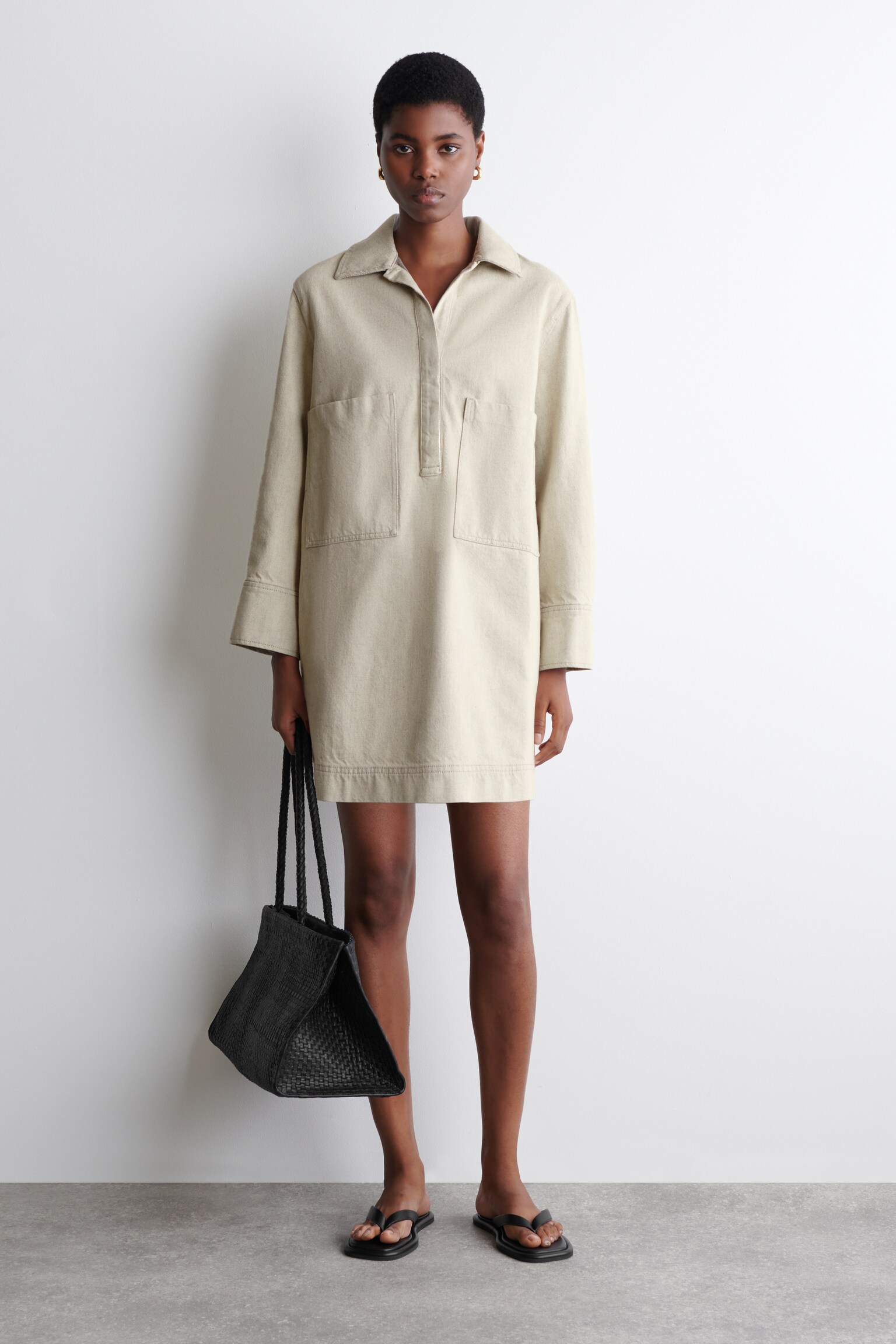 OPEN-COLLAR DENIM SHIRT DRESS - BEIGE