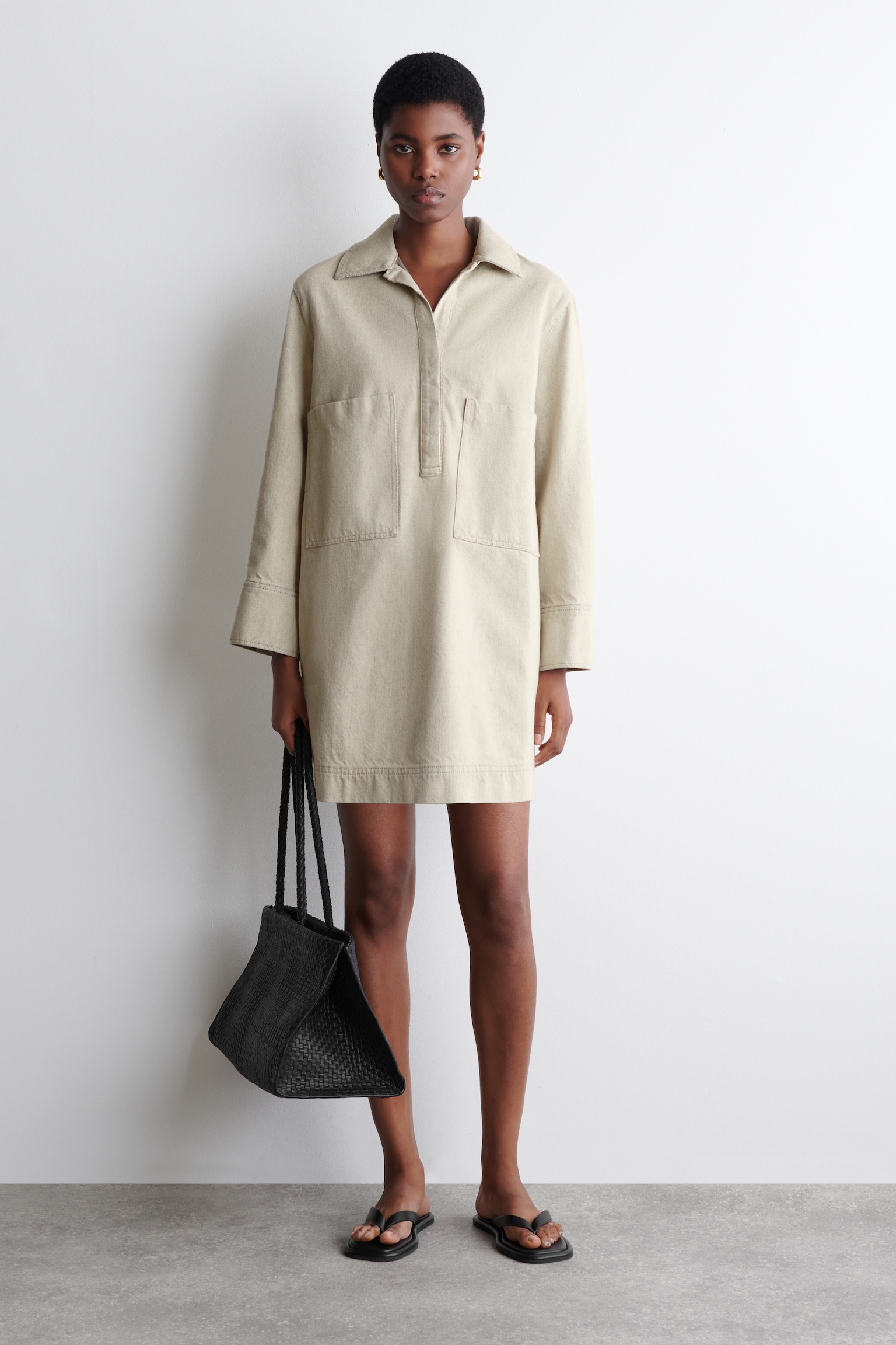 OPEN-COLLAR DENIM SHIRT DRESS - BEIGE