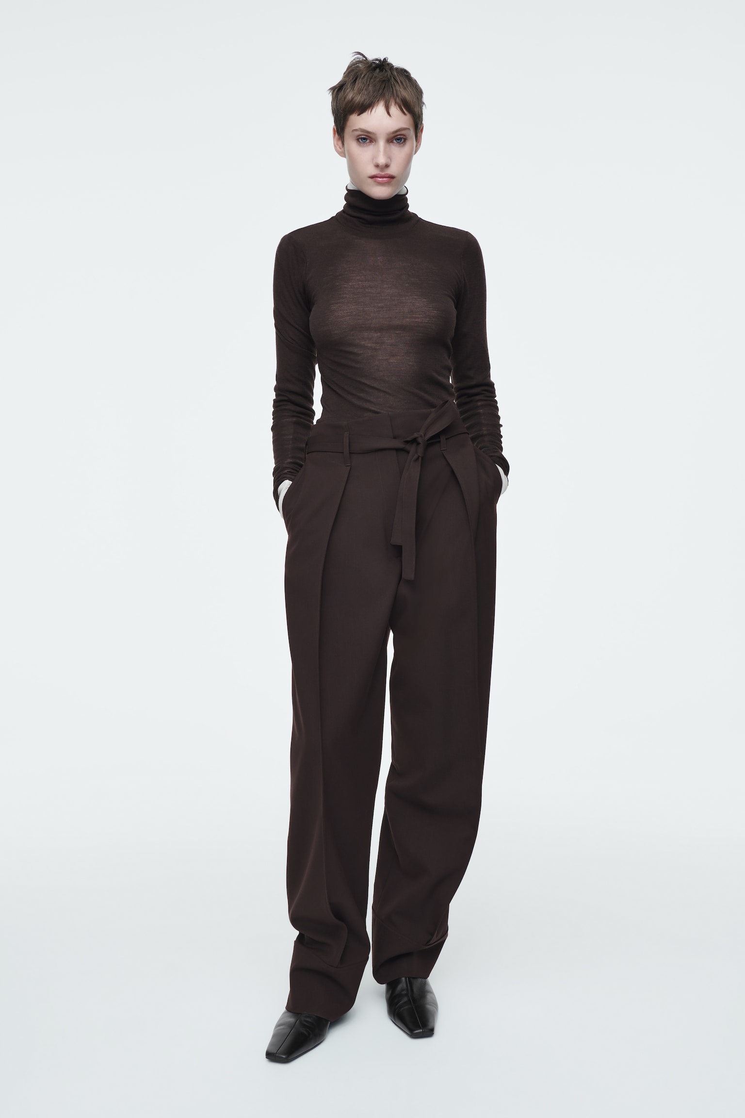 TURN-UP WOOL-BLEND TROUSERS - DARK BROWN