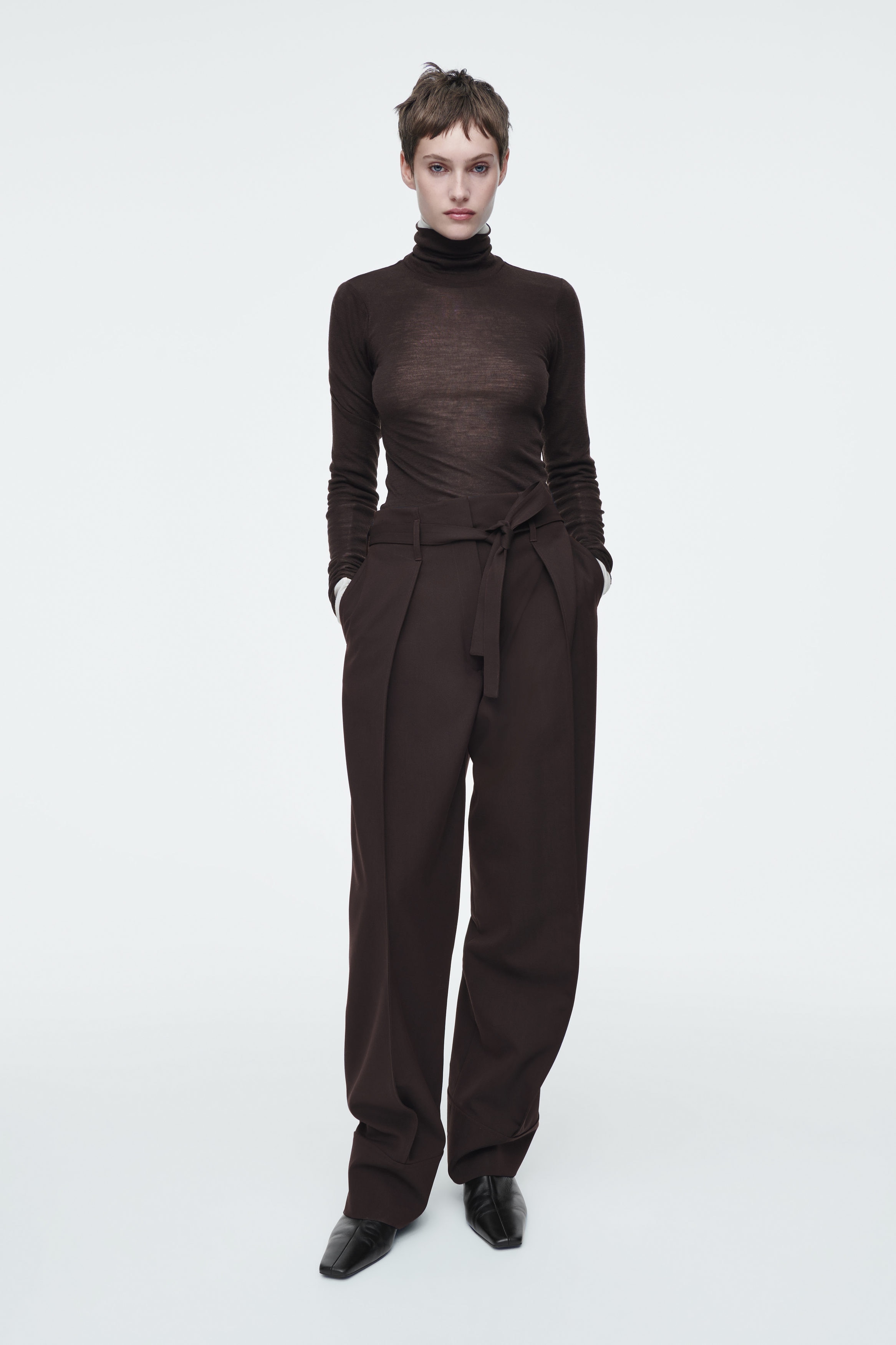 TURN-UP WOOL-BLEND PANTS - DARK BROWN | COS
