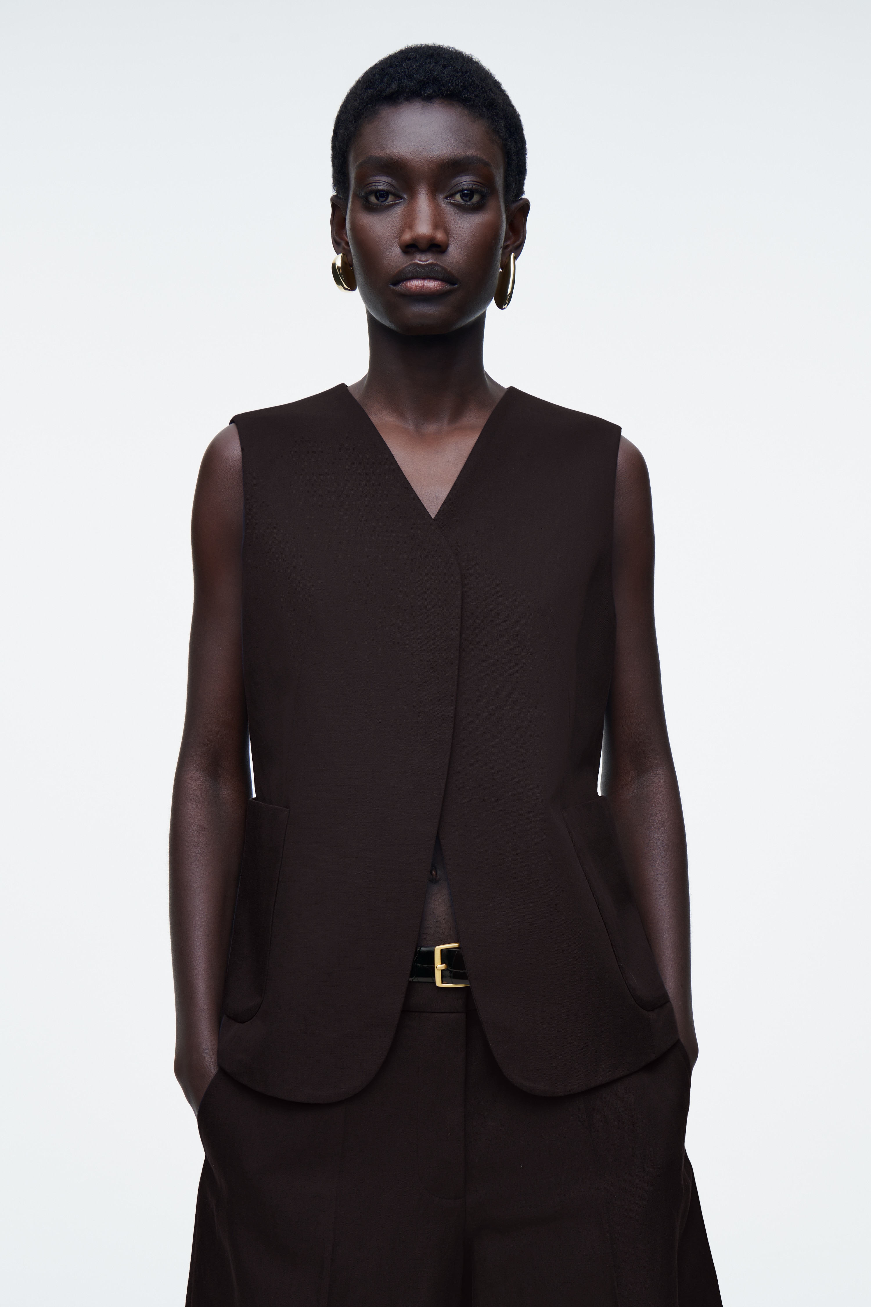 GILET PORTEFEUILLE EN LIN MÉLANGÉ - BRUN FONCÉ/IVOIRE