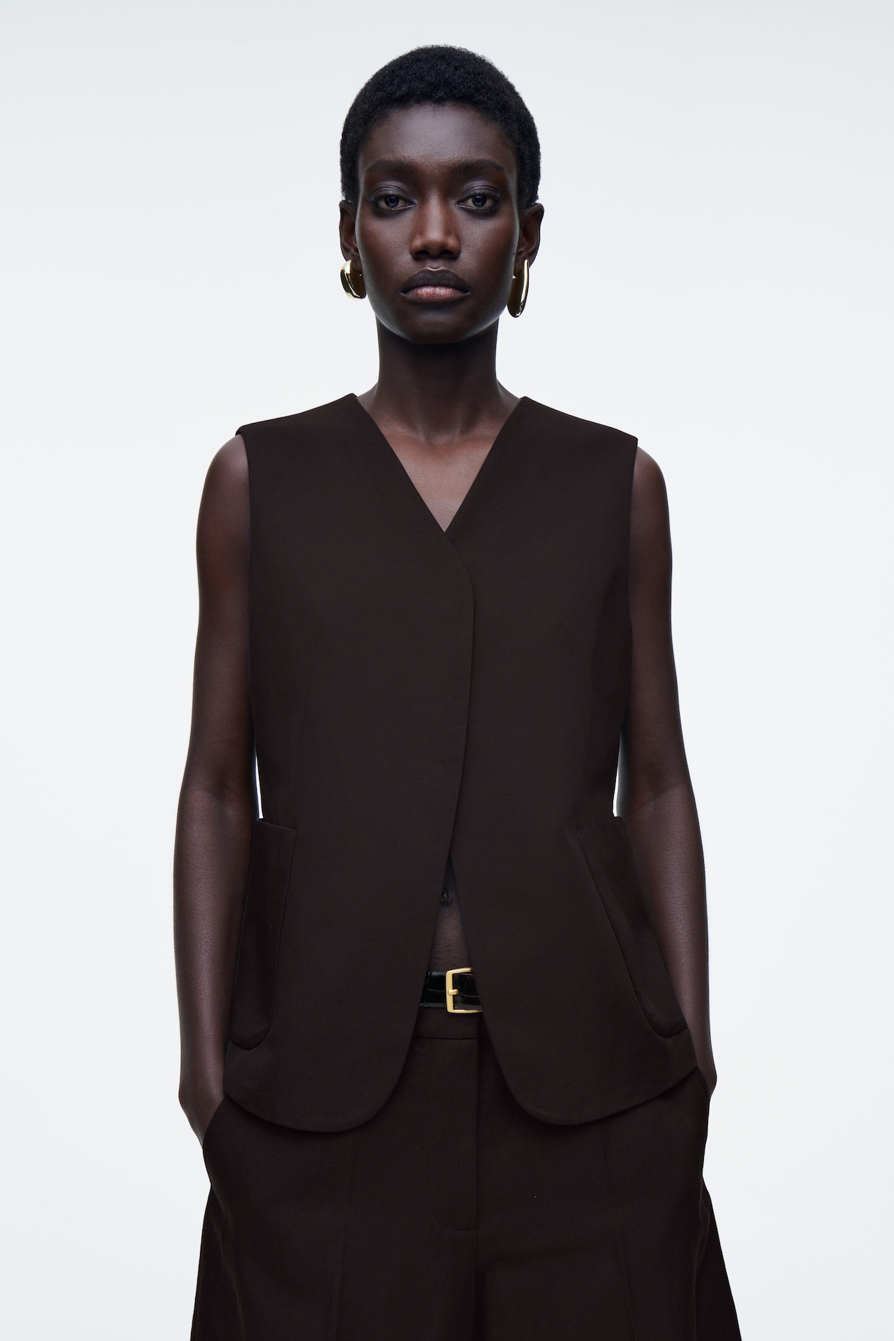 WRAP-FRONT LINEN-BLEND WAISTCOAT - DARK BROWN | COS