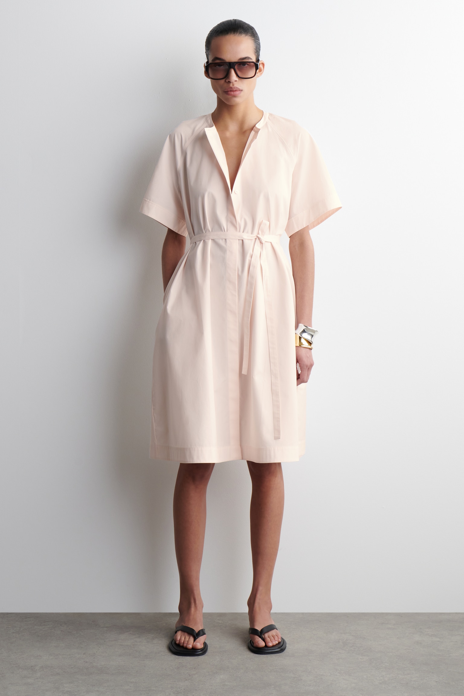 VESTIDO MIDI DE ALGODÓN CON MANGAS RAGLÁN - ROSA CLARO/CAQUI