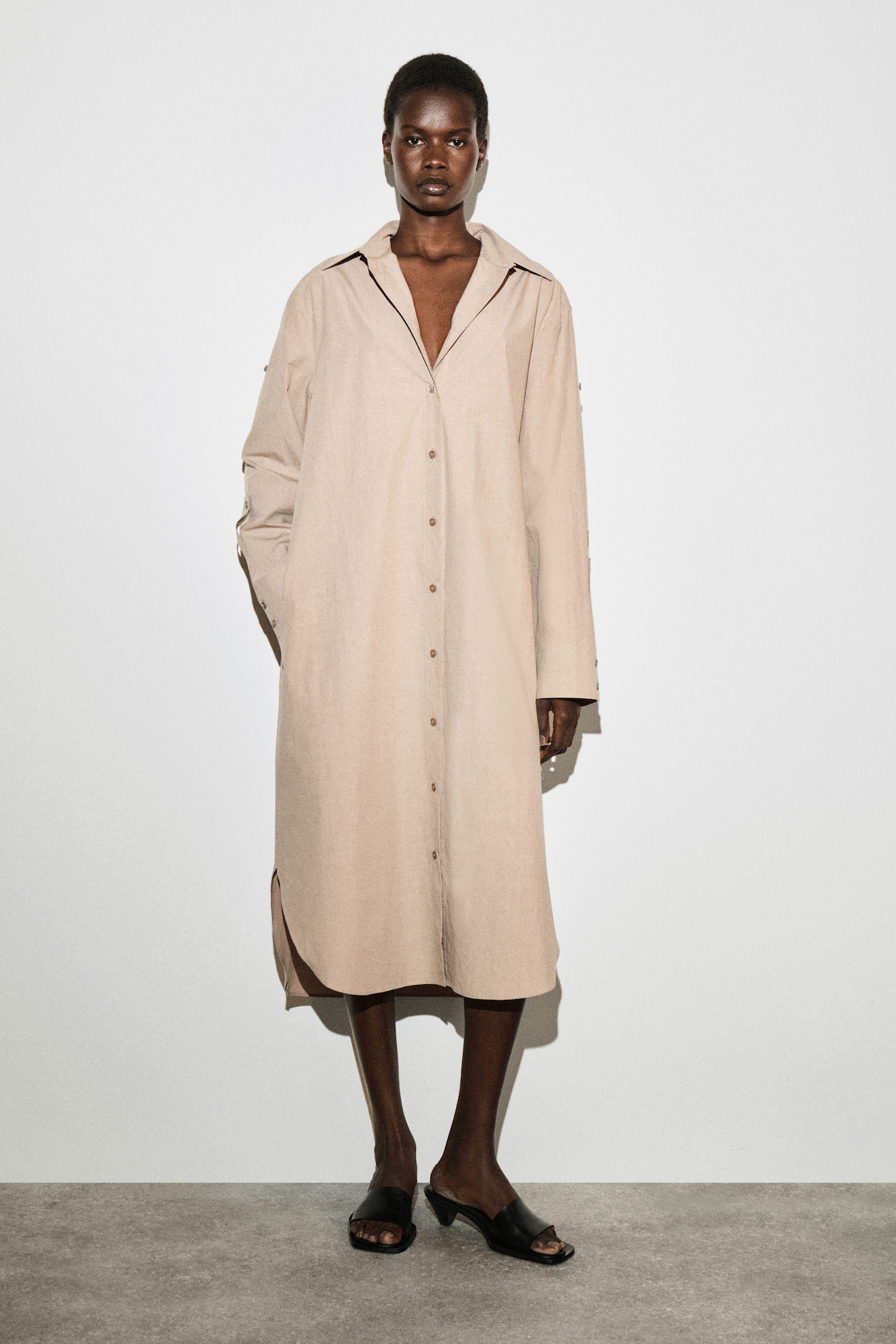 CURVED-SLEEVE COTTON MIDI SHIRT DRESS