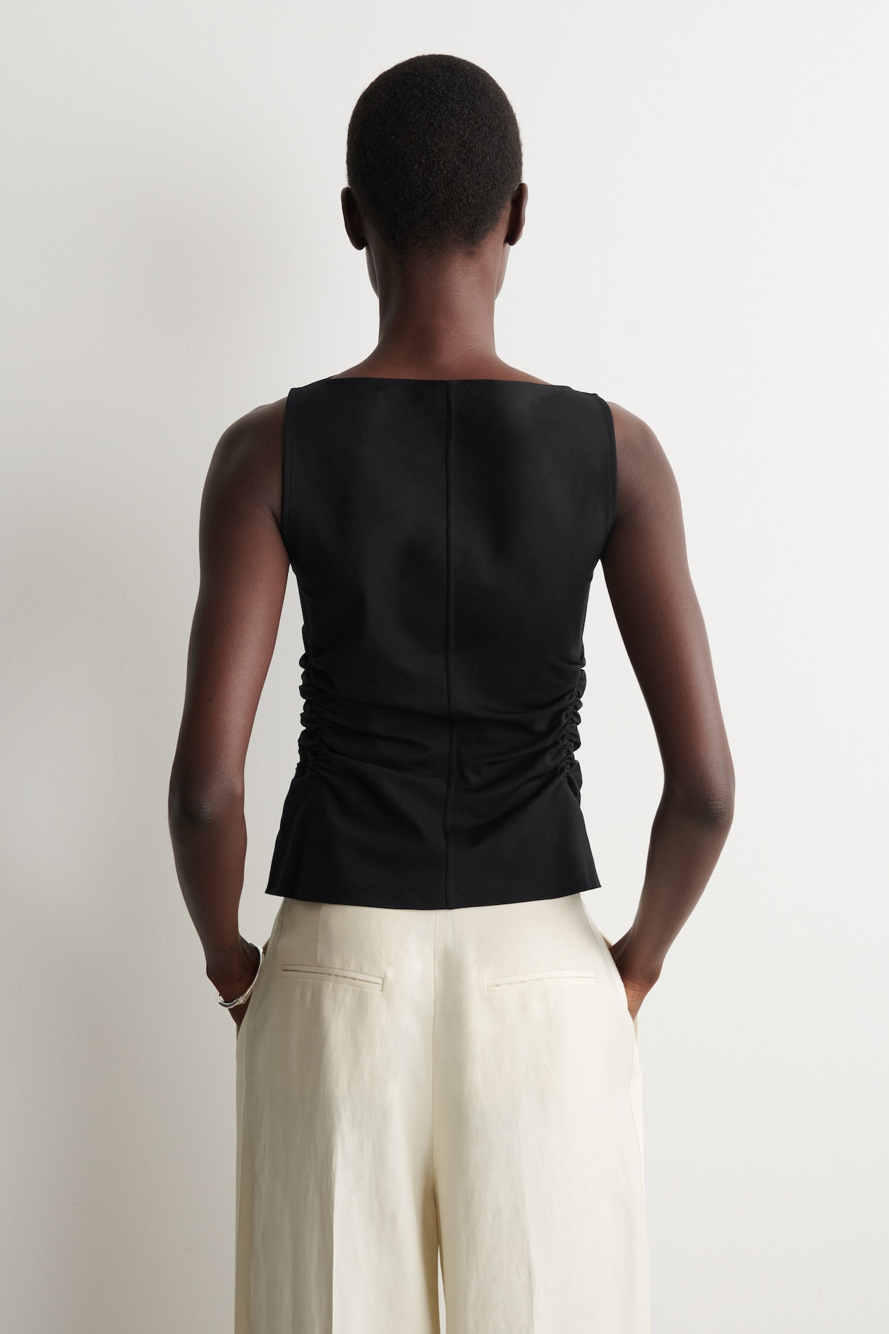 RUCHED-WAIST COTTON-JERSEY TANK TOP — BLACK