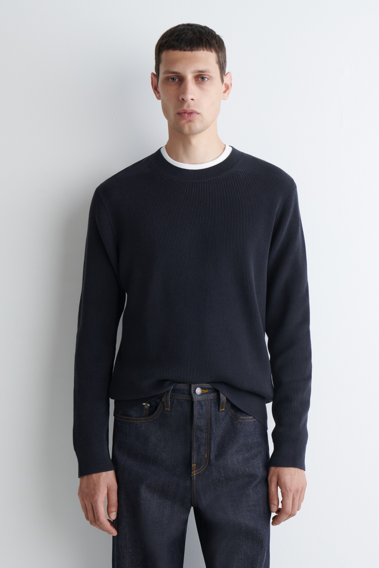 PULL À COL ROND EN COTON - BLEU MARINE/NOIR/ÉCRU - 1