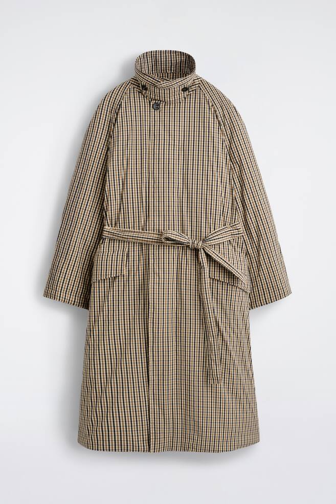 PADDED BELTED FUNNEL-NECK LONG COAT - BEIGE / CHECKED/BEIGE - 1
