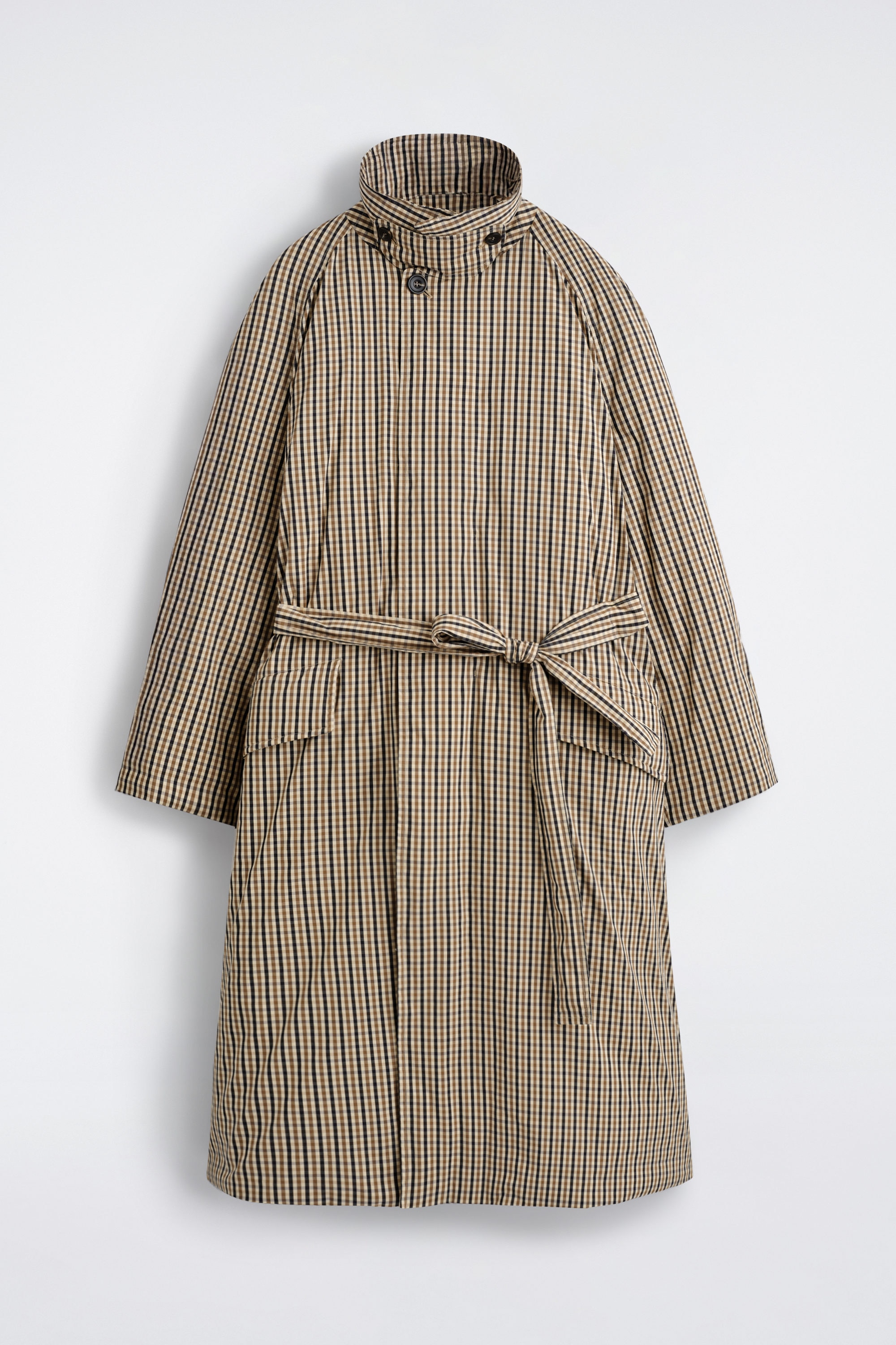 PADDED BELTED FUNNEL-NECK LONG COAT - BEIGE / CHECKED | COS