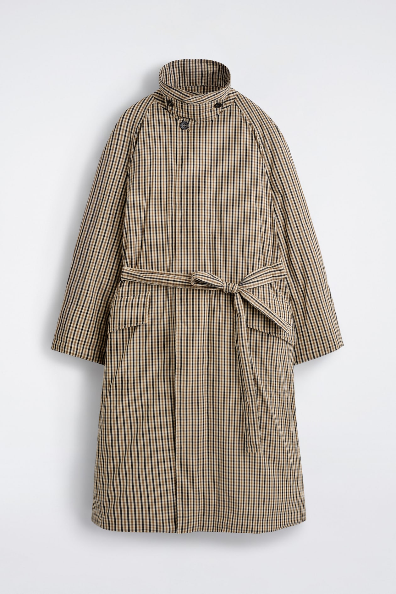 PADDED BELTED FUNNEL-NECK LONG COAT — BEIGE / CHECKED