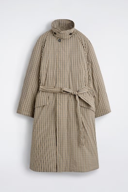 PADDED BELTED FUNNEL-NECK LONG COAT — BEIGE / CHECKED 3