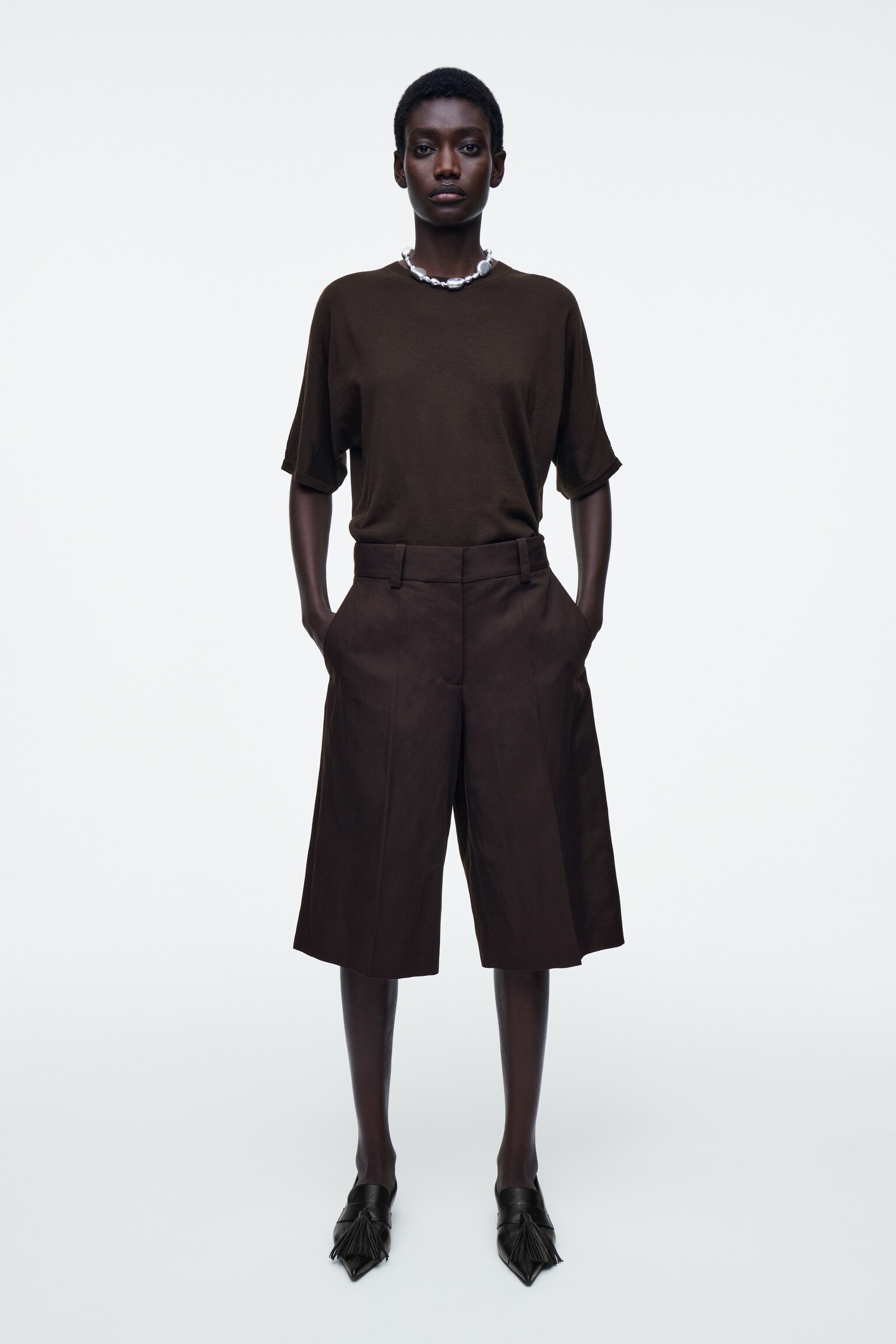 BERMUDA SARTORIALI IN MISTO LINO - MARRONE SCURO