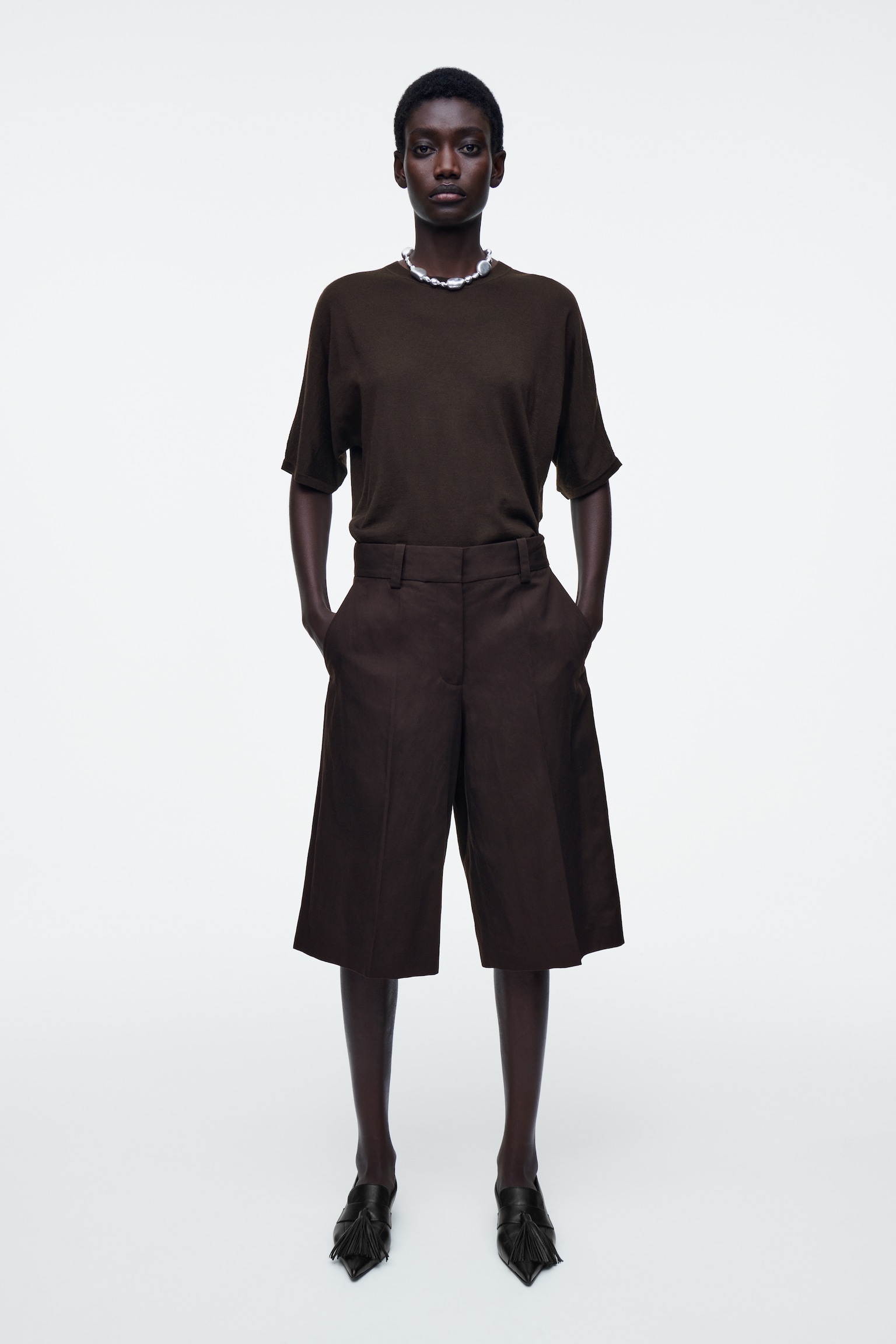 BERMUDA SARTORIALI IN MISTO LINO - MARRONE SCURO