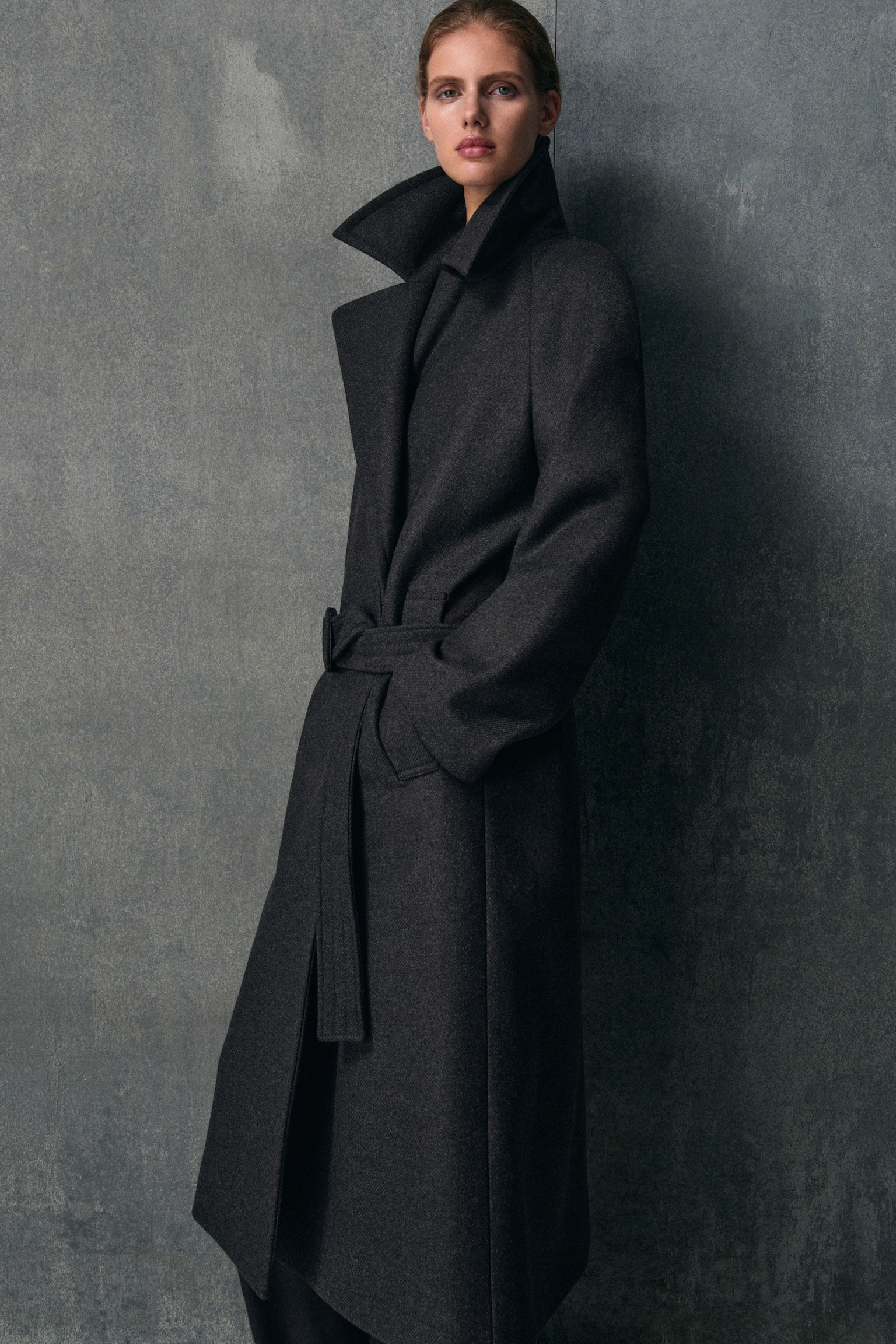 מעיל צמר טוויל עם חגורה מותאמת - פחם - 8