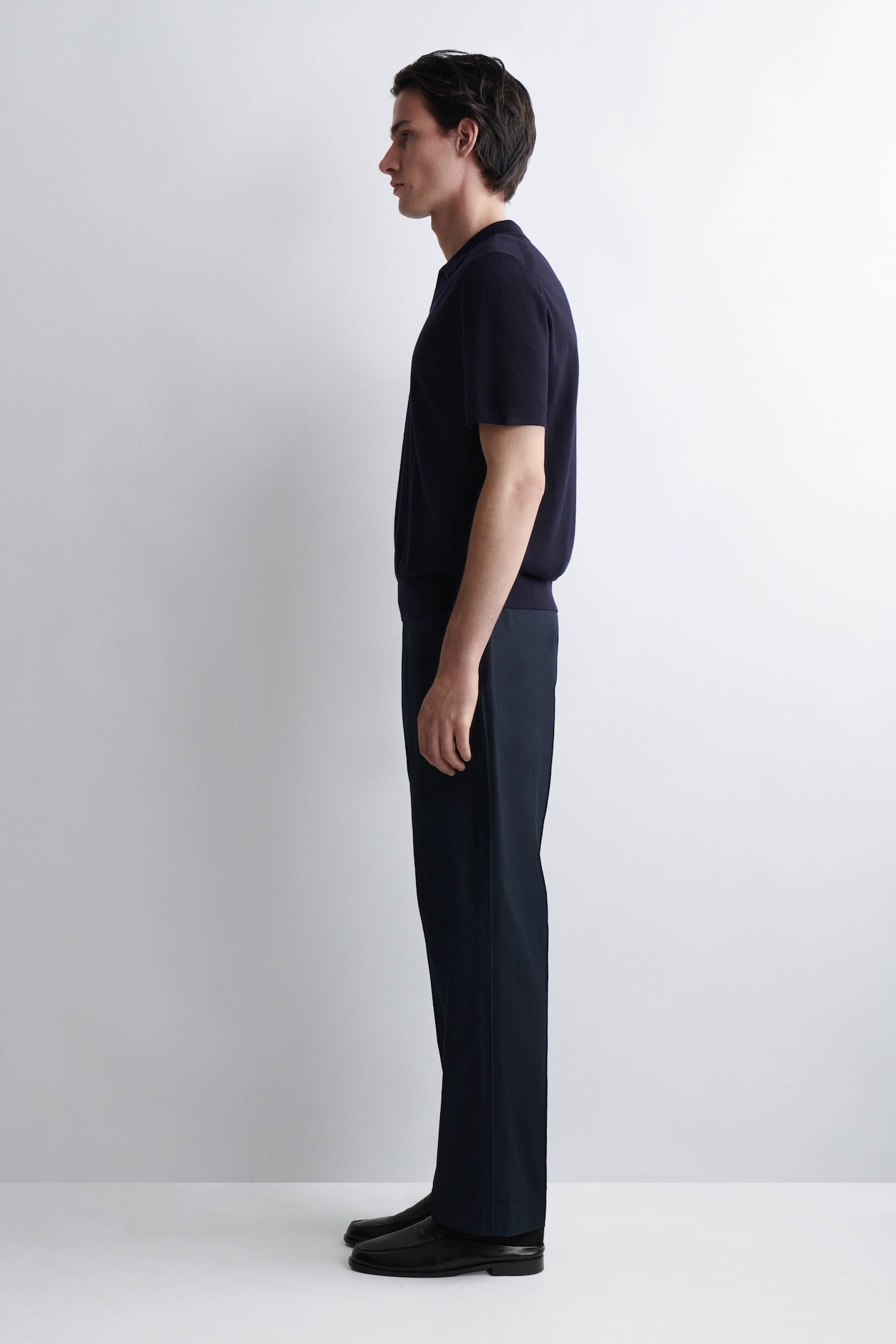 OPEN-COLLAR MERINO WOOL POLO SHIRT — NAVY