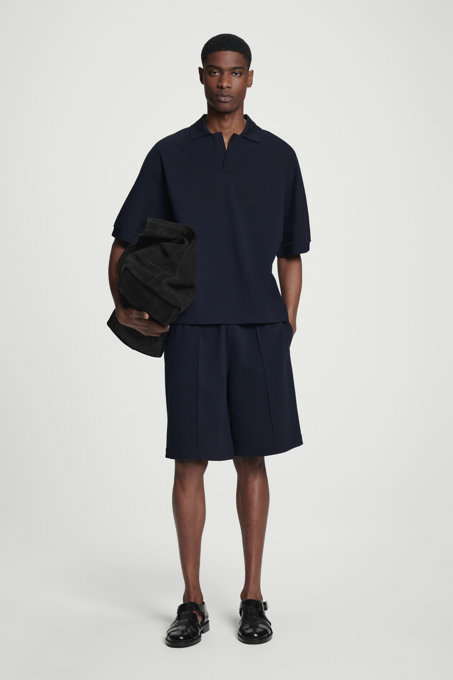 OPEN-COLLAR MERCERISED-JERSEY POLO SHIRT - NAVY - 5