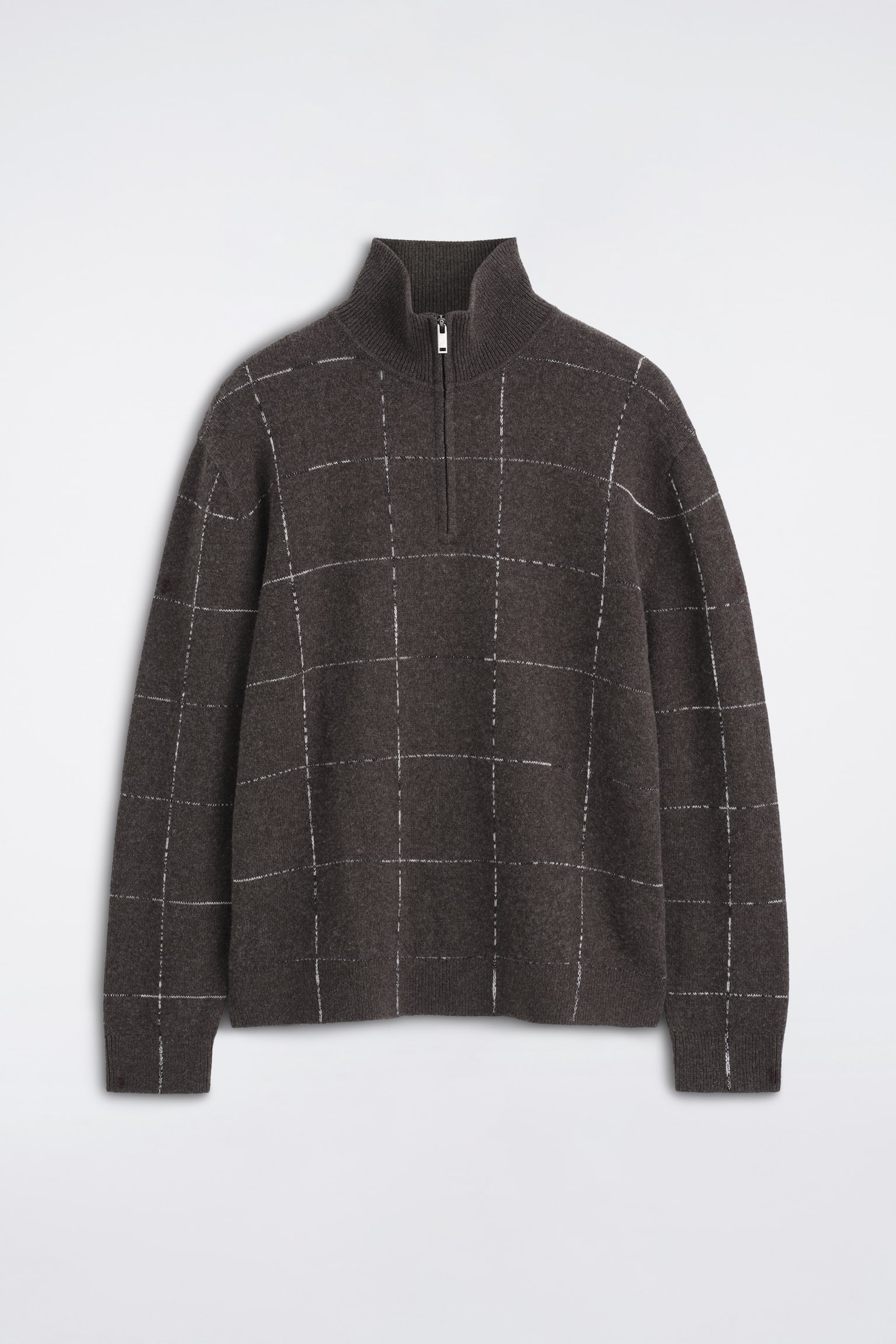 MAGLIONE IN LANA E COTONE A QUADRI CON CERNIERA - MARRONE / QUADRI